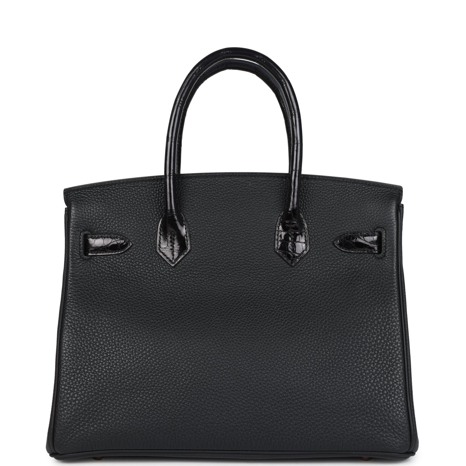 Pre-owned Hermes Birkin 30 Black Shiny Niloticus Crocodile and Togo Touch Rose Gold Hardware