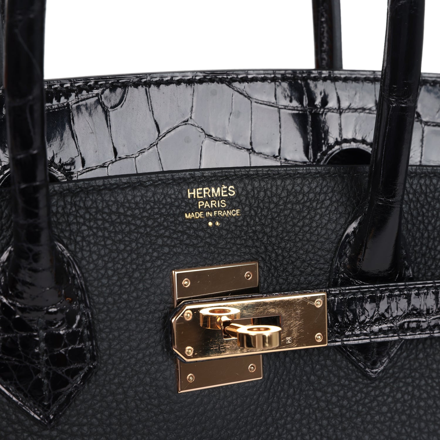 Pre-owned Hermes Birkin 30 Black Shiny Niloticus Crocodile and Togo Touch Rose Gold Hardware