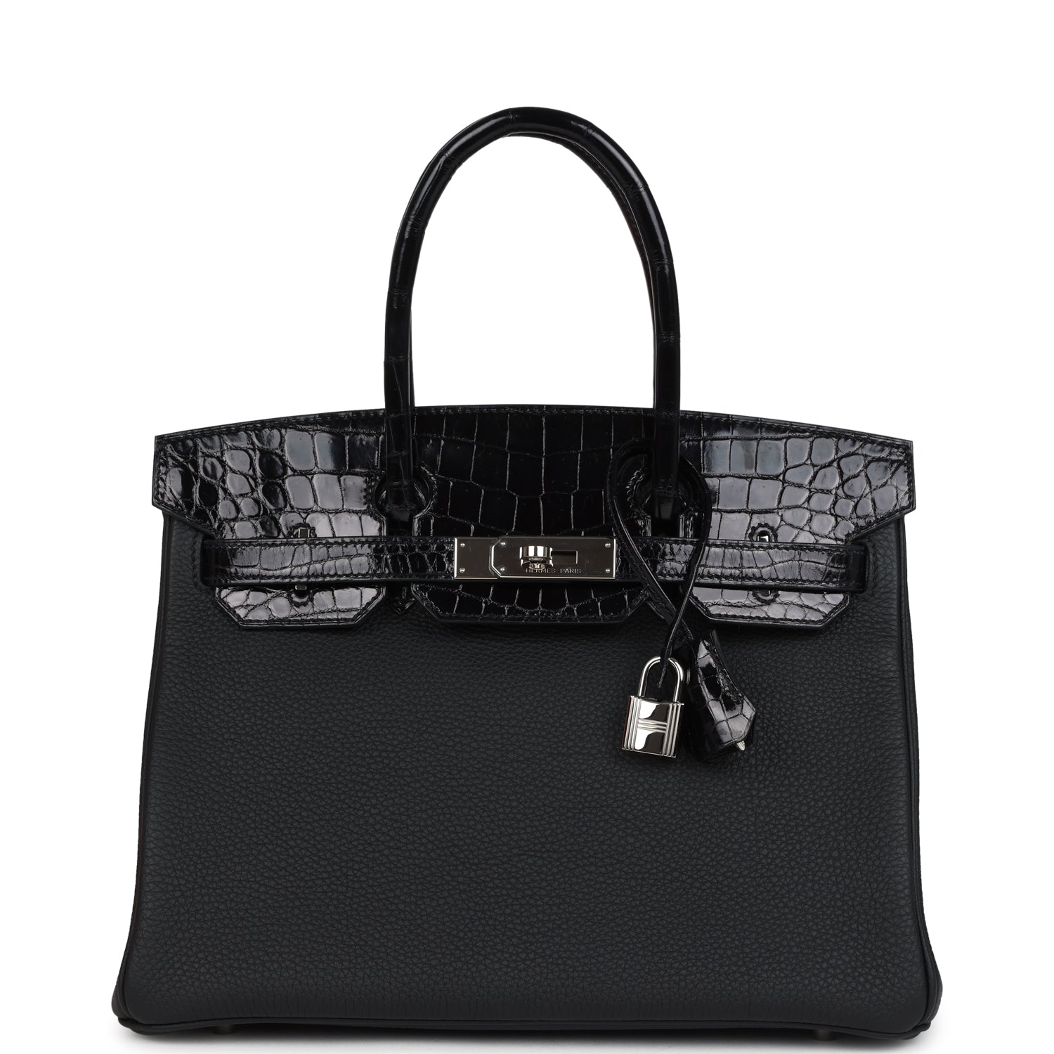 Pre-owned Hermes Birkin 30 Black Shiny Niloticus Crocodile and Togo Touch Palladium Hardware