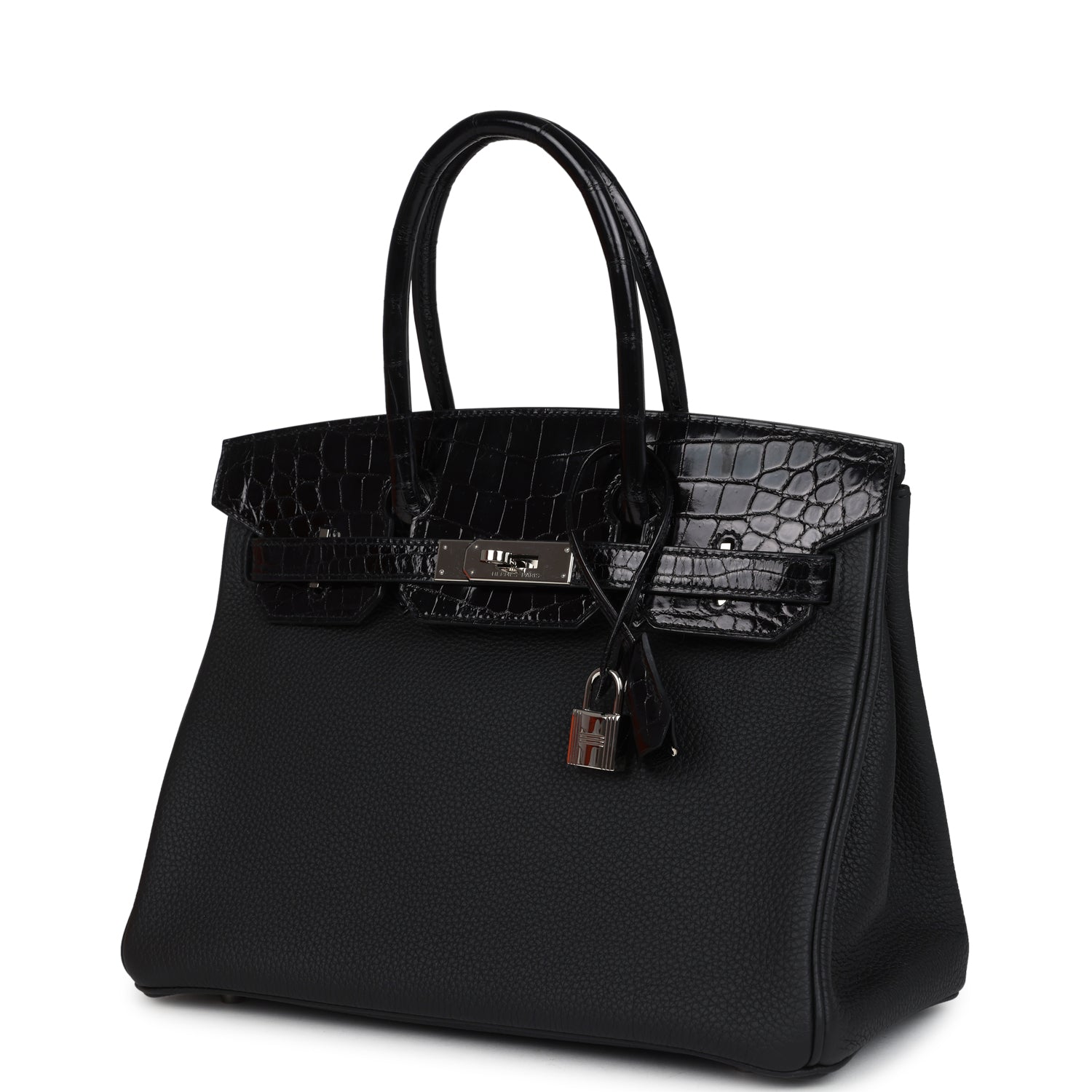 Pre-owned Hermes Birkin 30 Black Shiny Niloticus Crocodile and Togo Touch Palladium Hardware