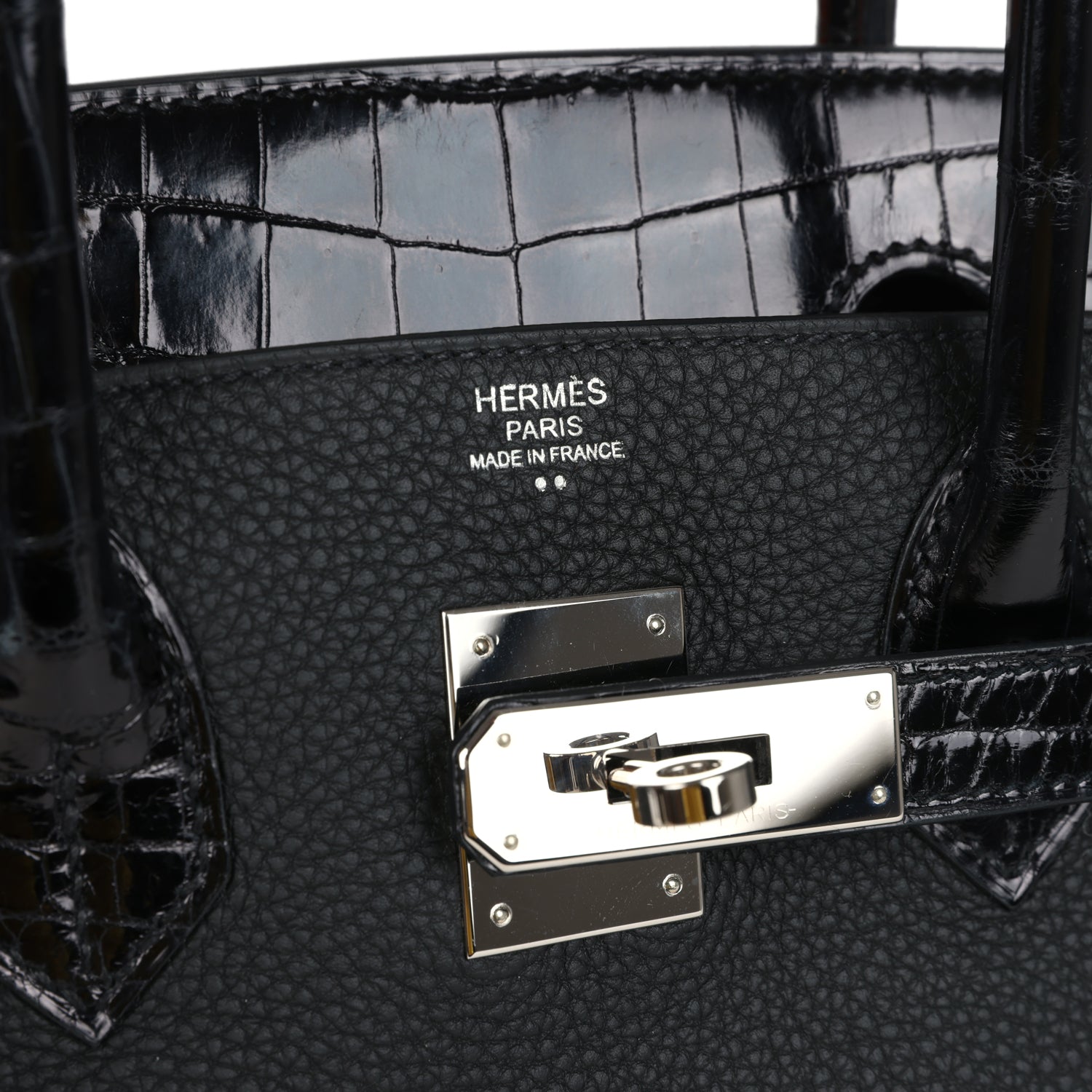 Pre-owned Hermes Birkin 30 Black Shiny Niloticus Crocodile and Togo Touch Palladium Hardware