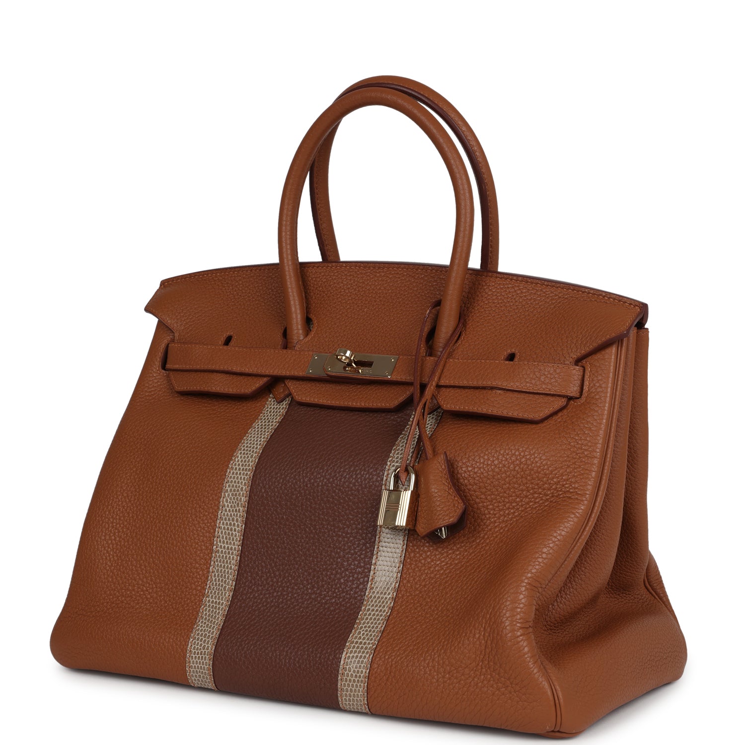 Pre-owned Hermes Birkin Club 35 Gold and Marron d'Inde Clemence and Ficelle Lizard Permabrass Hardware
