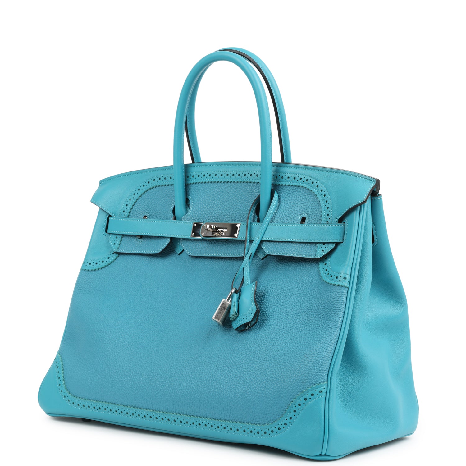 Pre-owned Hermes Birkin 35 Ghillies Turquoise Togo and Swift Palladium Hardware