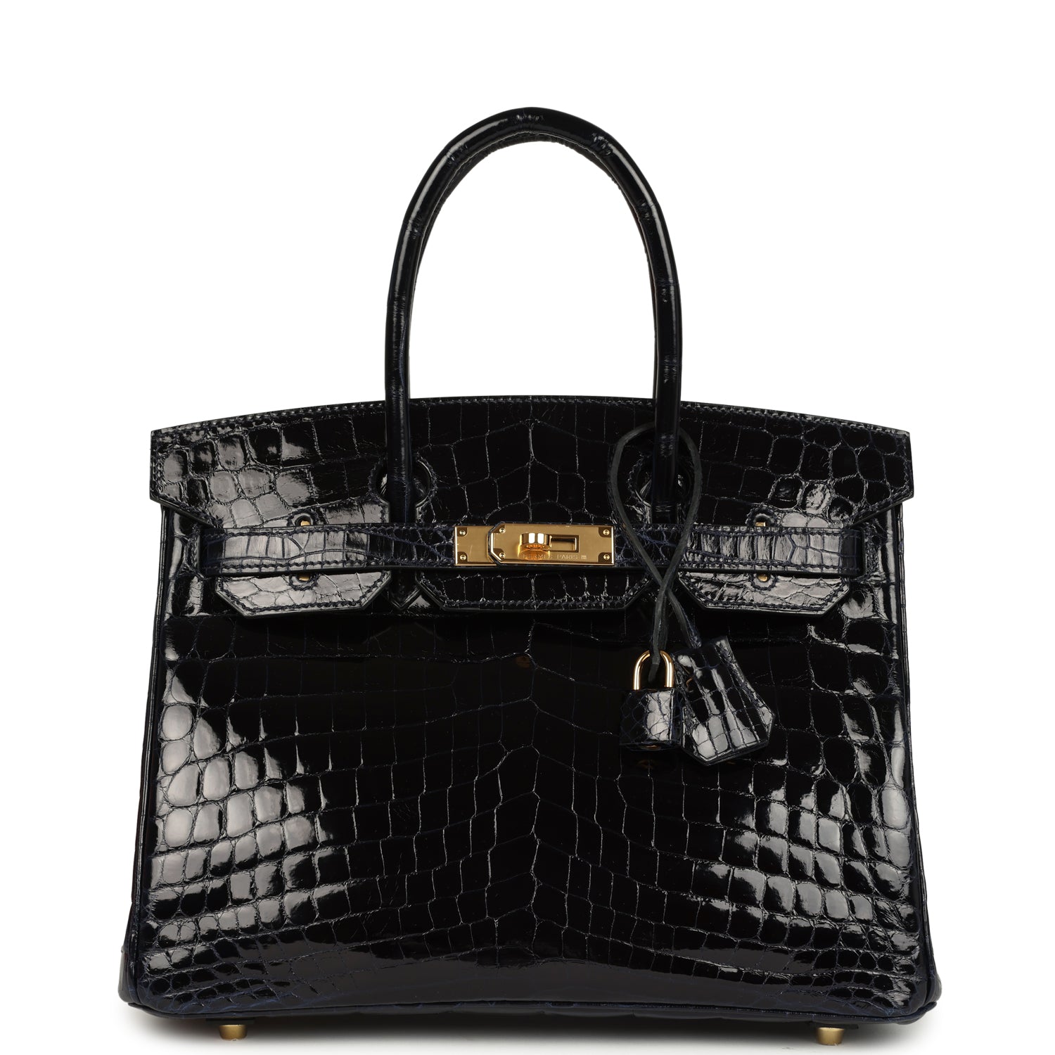 Pre-owned Hermes Birkin 30 Bleu Marine Shiny Niloticus Crocodile Gold Hardware