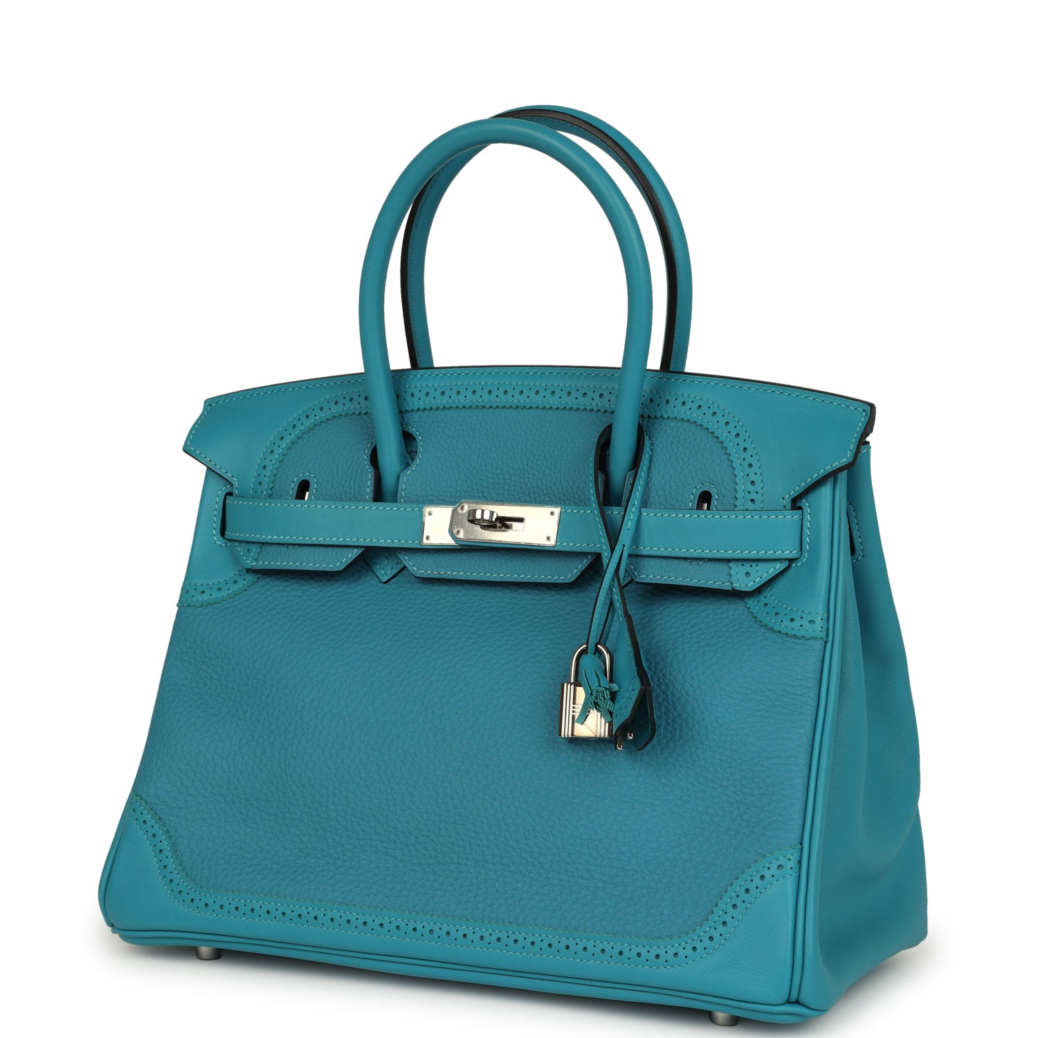 Pre-owned Hermes Birkin 30 Ghillies Turquoise Togo and Swift Palladium Hardware