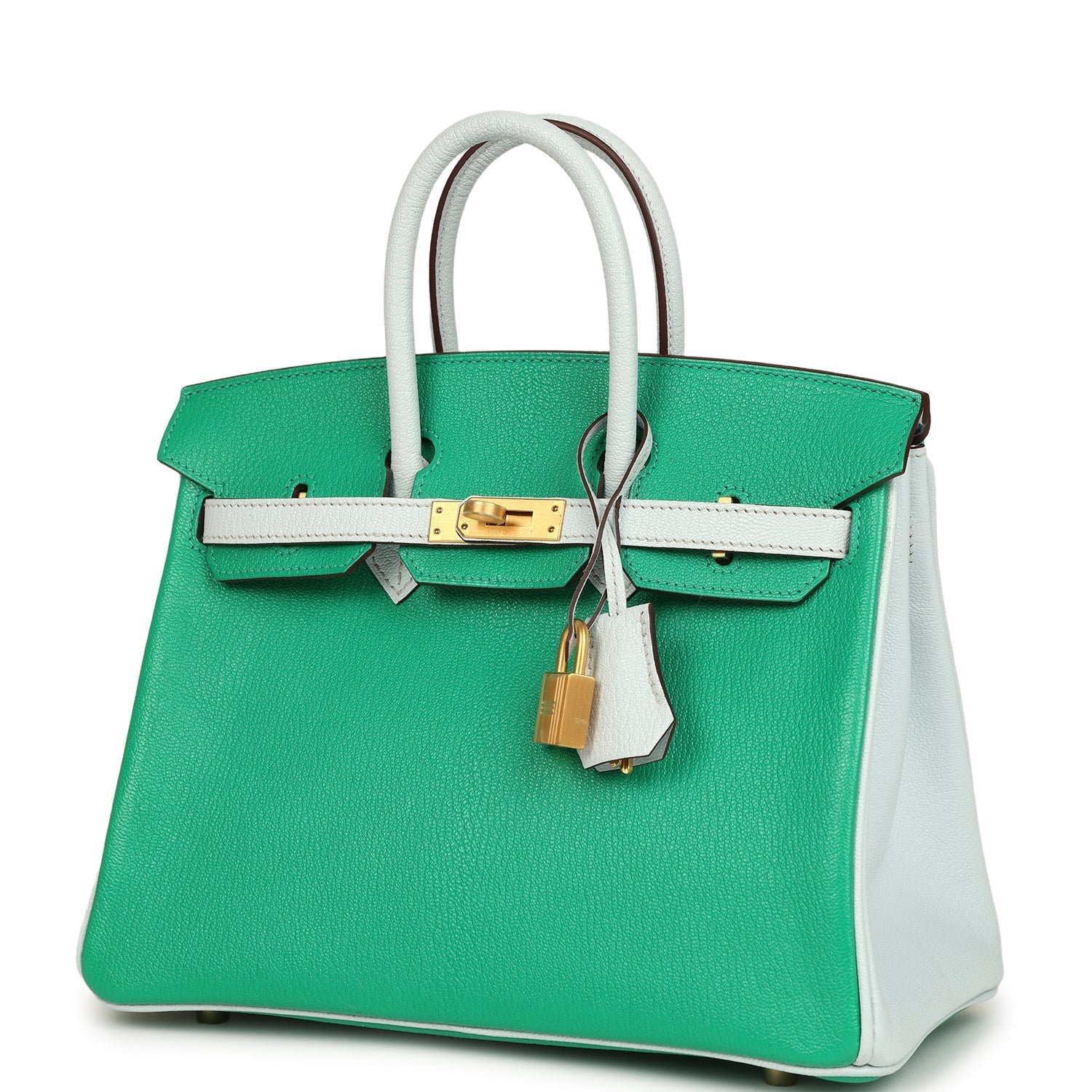 Hermes Special Order (HSS) Birkin 25 Bi-Color Menthe and Bleu Brume Chevre Mysore Brushed Gold