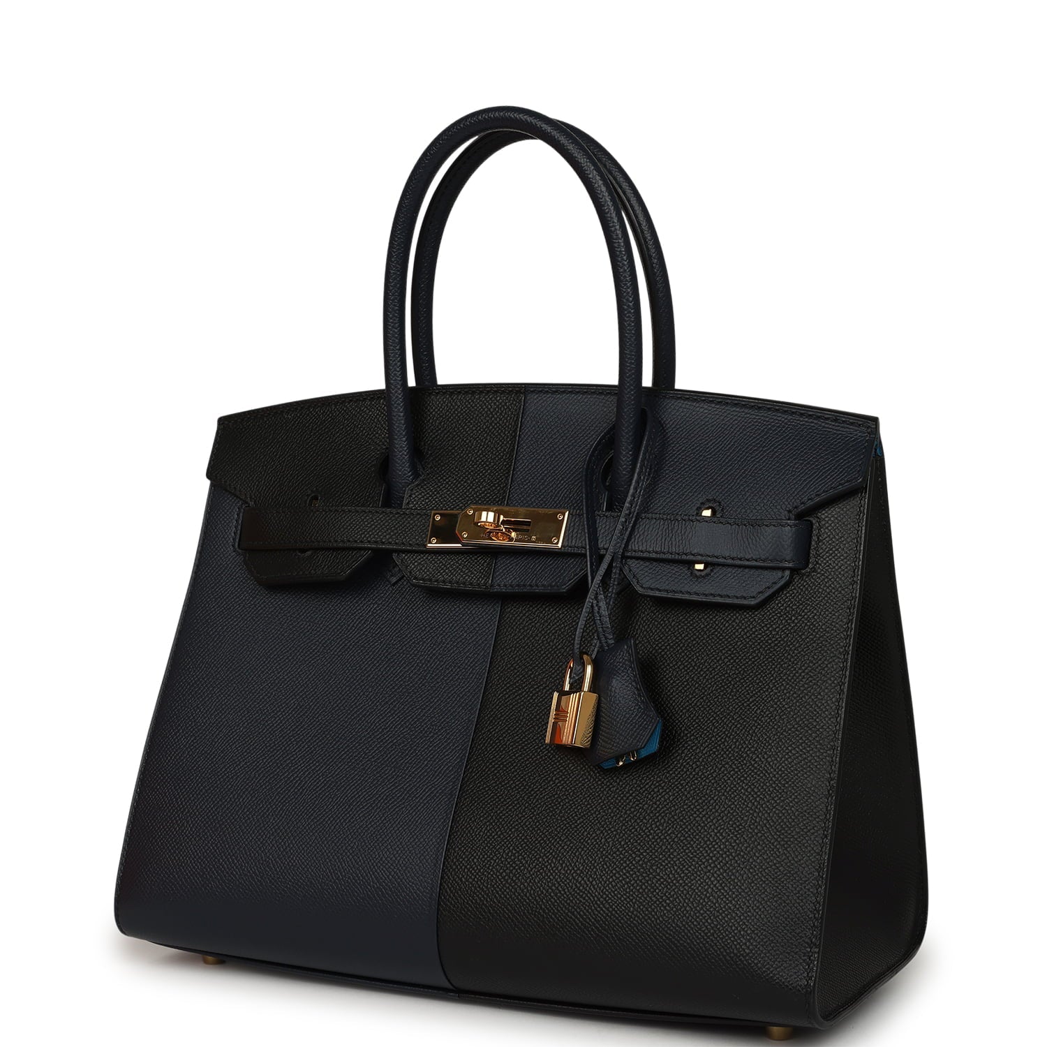 Pre-owned Hermes Casaque Birkin Sellier 30 Black and Bleu Indigo Epsom Gold Hardware