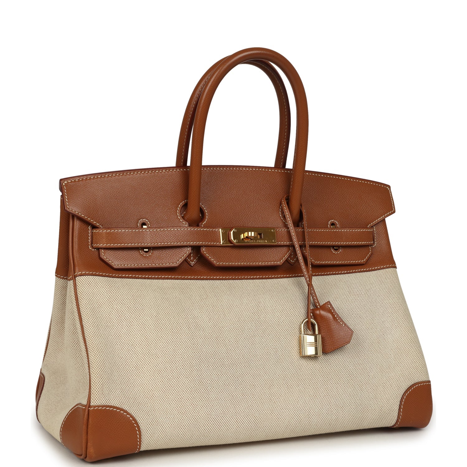 Vintage Hermes Birkin 35 Gold Courchevel and Gold-Ecru Toile H Canvas Gold Hardware