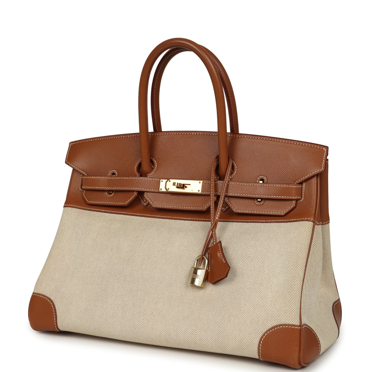 Vintage Hermes Birkin 35 Gold Courchevel and Gold-Ecru Toile H Canvas Gold Hardware