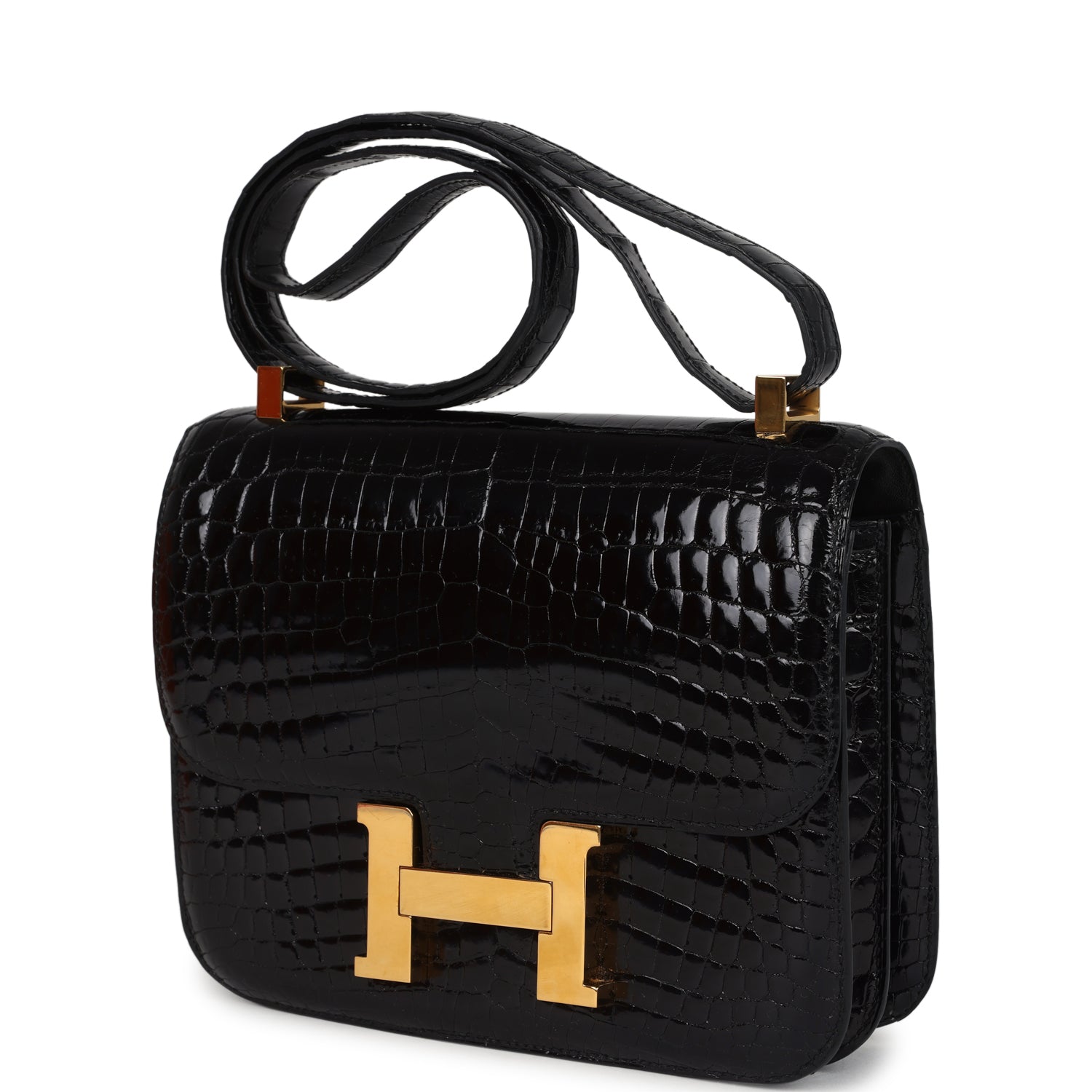 Pre-owned Hermes Constance 24 Black Shiny Niloticus Crocodile Gold Hardware
