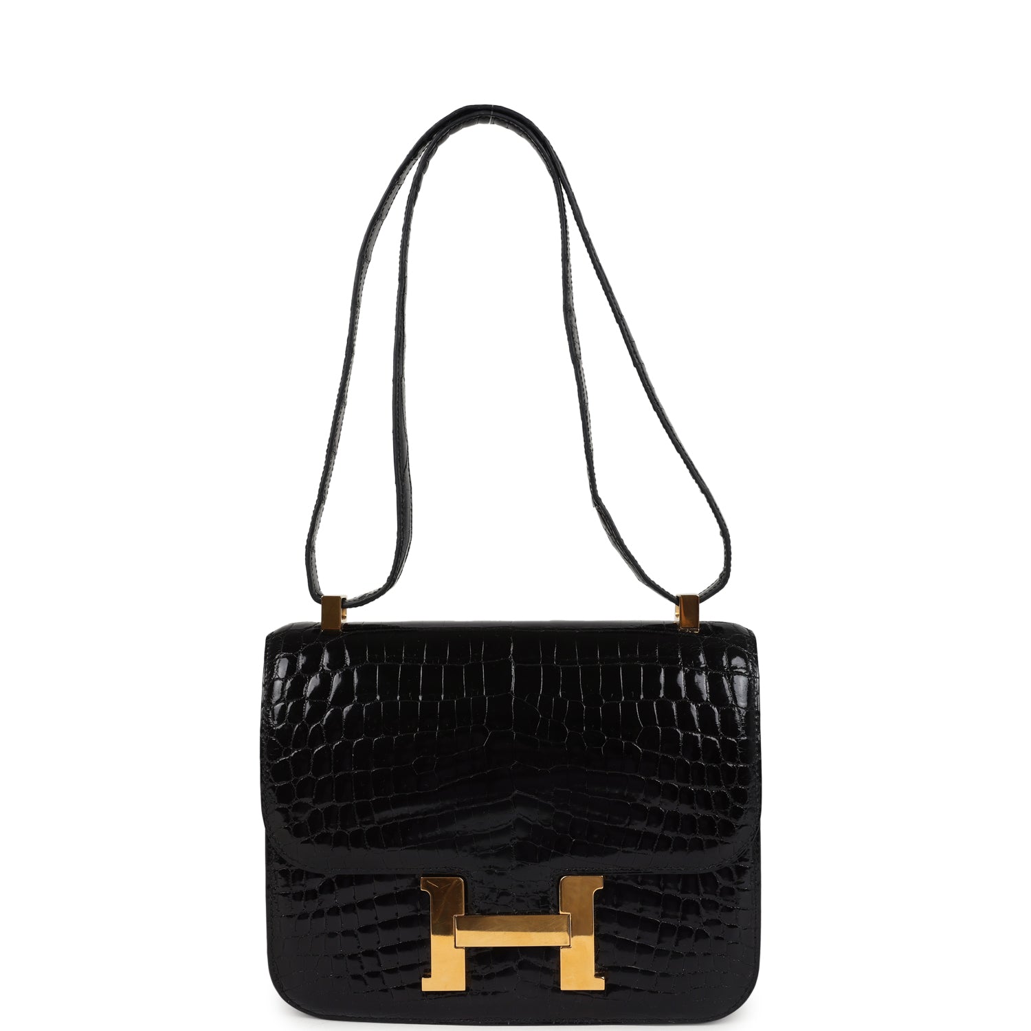Pre-owned Hermes Constance 24 Black Shiny Niloticus Crocodile Gold Hardware