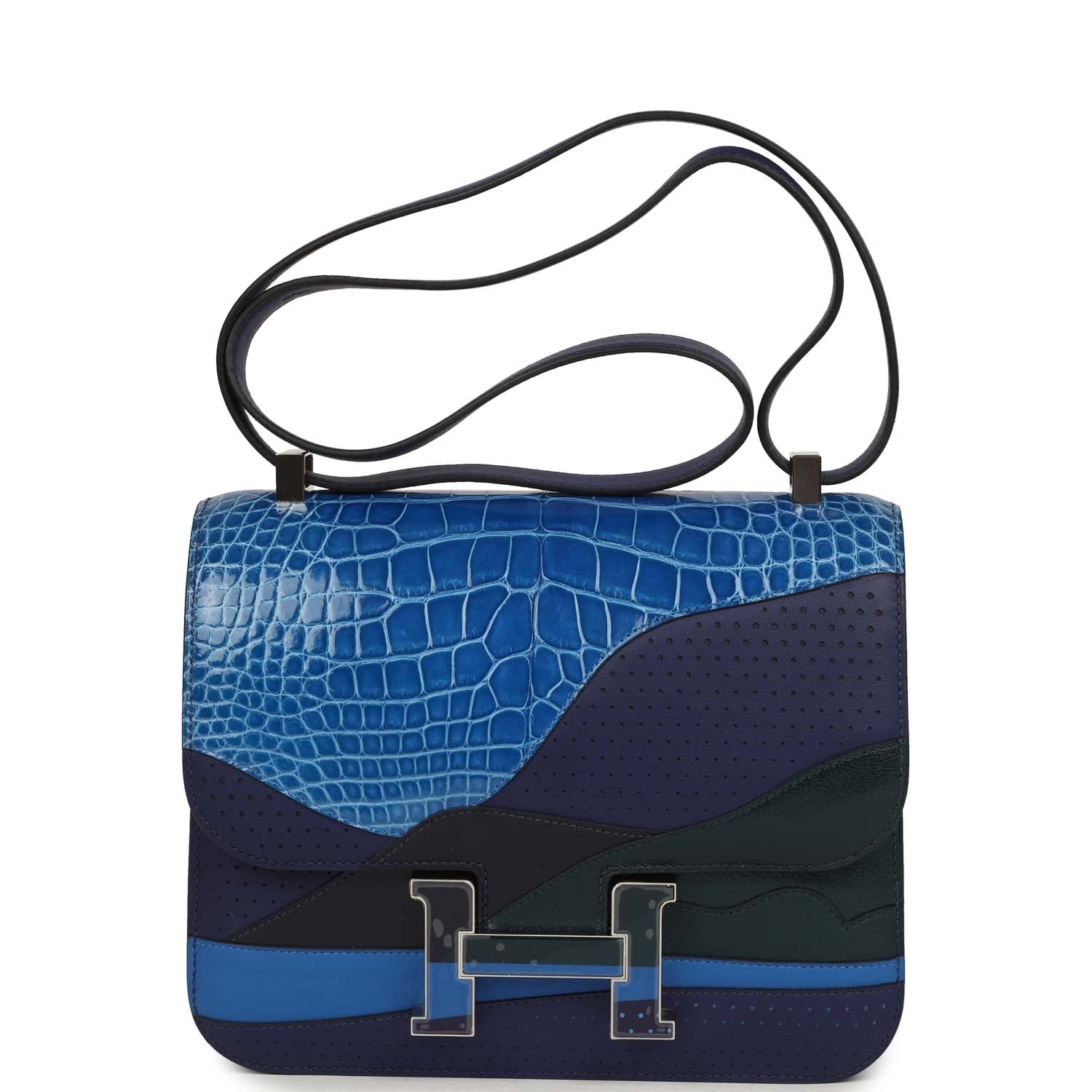 Hermes "Au Bout Du Monde" Constance 24 Bleu Zellige, Bleu Encre, Bleu Nuit, Vert Anglais, Shiny Alligator, Chevre, Swift, Sombrero, Box, Lacquered Palladium Hardware
