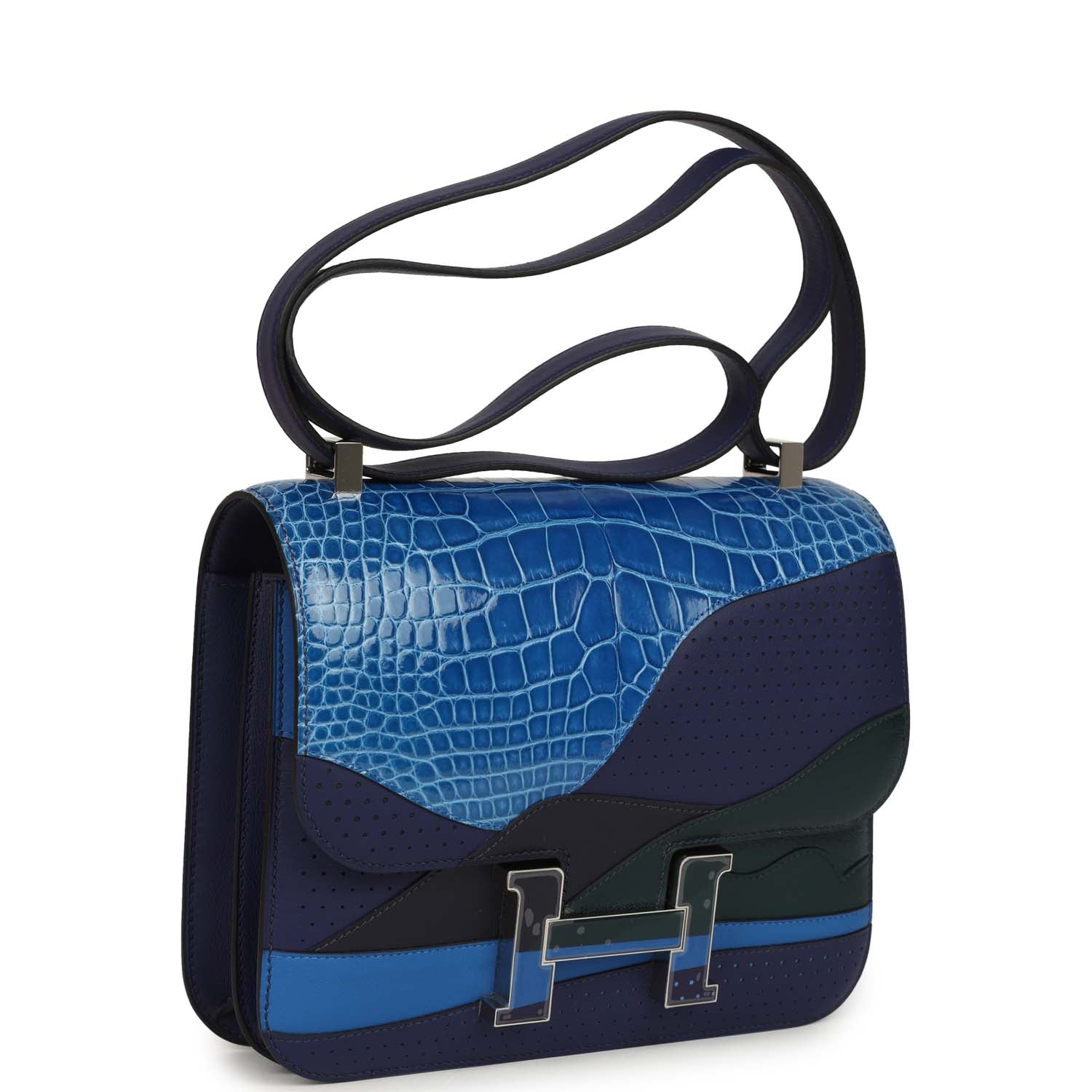 Hermes "Au Bout Du Monde" Constance 24 Bleu Zellige, Bleu Encre, Bleu Nuit, Vert Anglais, Shiny Alligator, Chevre, Swift, Sombrero, Box, Lacquered Palladium Hardware