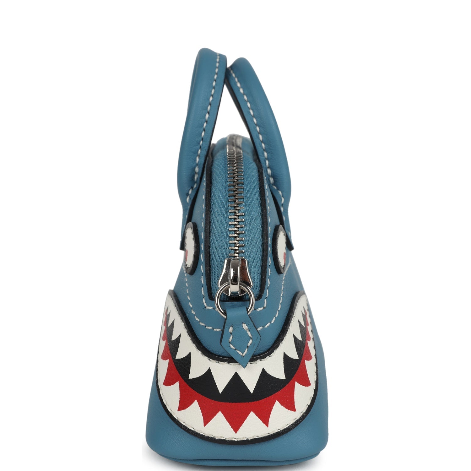 Hermes Bolide Shark Bag Charm Blue Jean, Black and White Swift Palladium Hardware