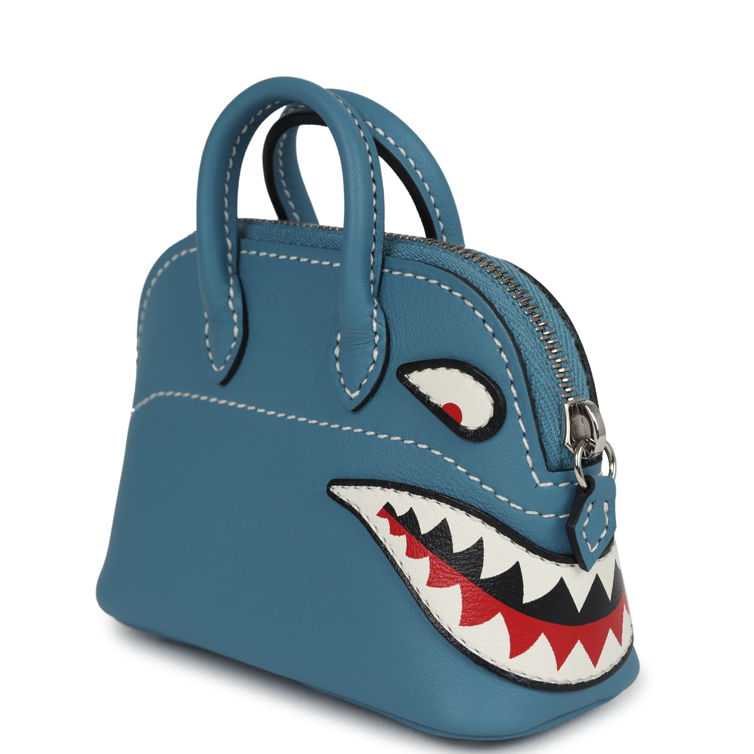 Hermes Bolide Shark Bag Charm Blue Jean, Black and White Swift Palladium Hardware
