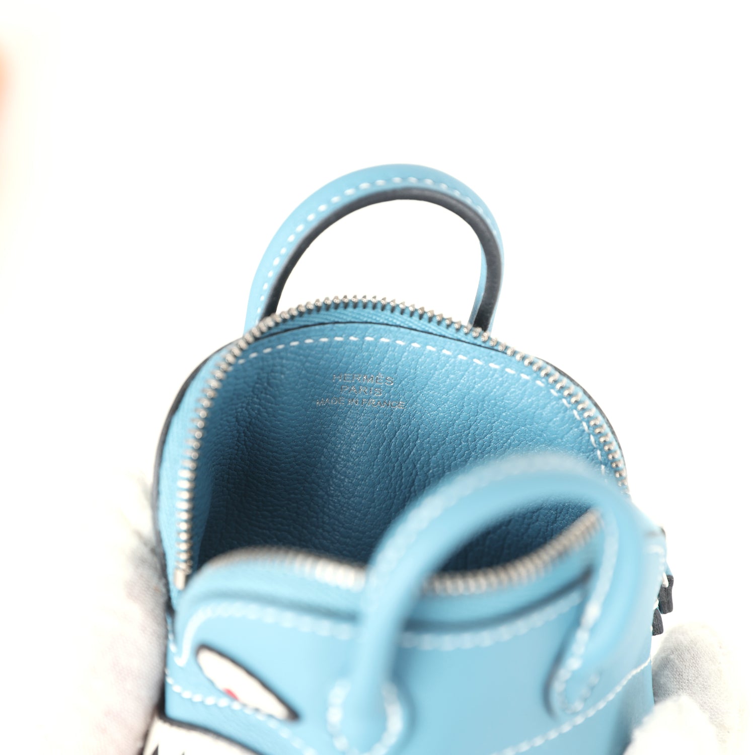 Hermes Bolide Shark Bag Charm Blue Jean, Black and White Swift Palladium Hardware