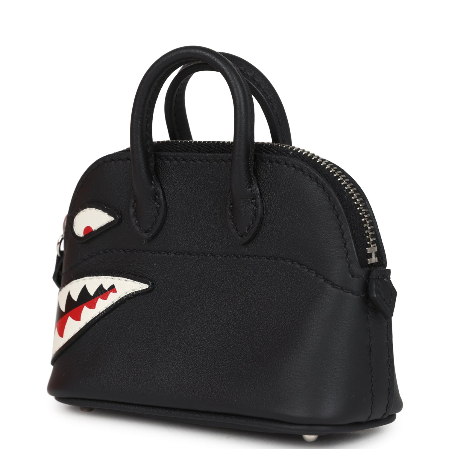 Hermes Mini Bolide Shark Bag Charm Black and White Swift Palladium Hardware