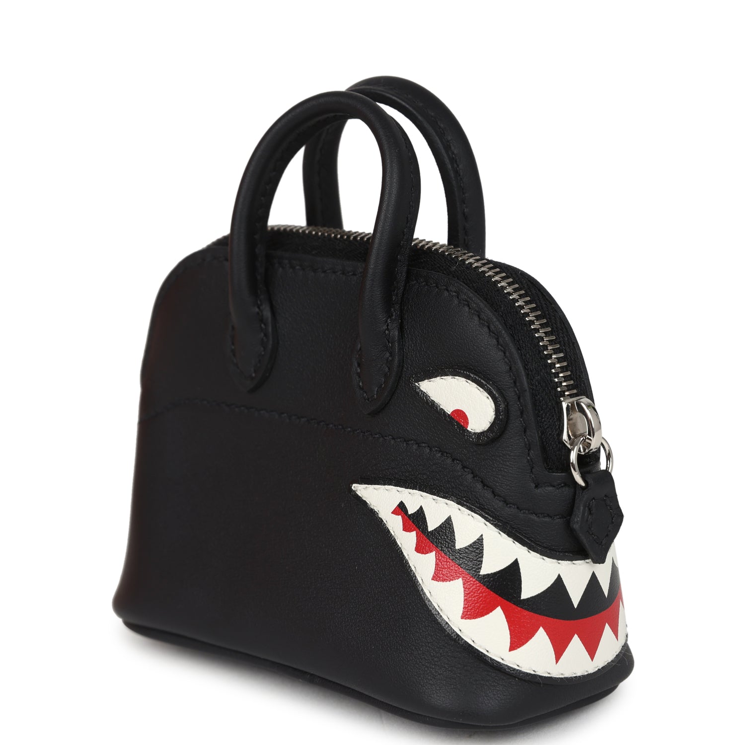 Hermes Mini Bolide Shark Bag Charm Black and White Swift Palladium Hardware