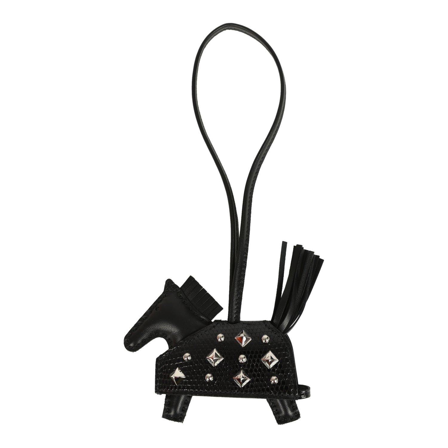 Hermes Rodeo Rock Bag Charm PM Black Shiny Varaus Niloticus Lizard and Milo Lambskin Palladium Hardware