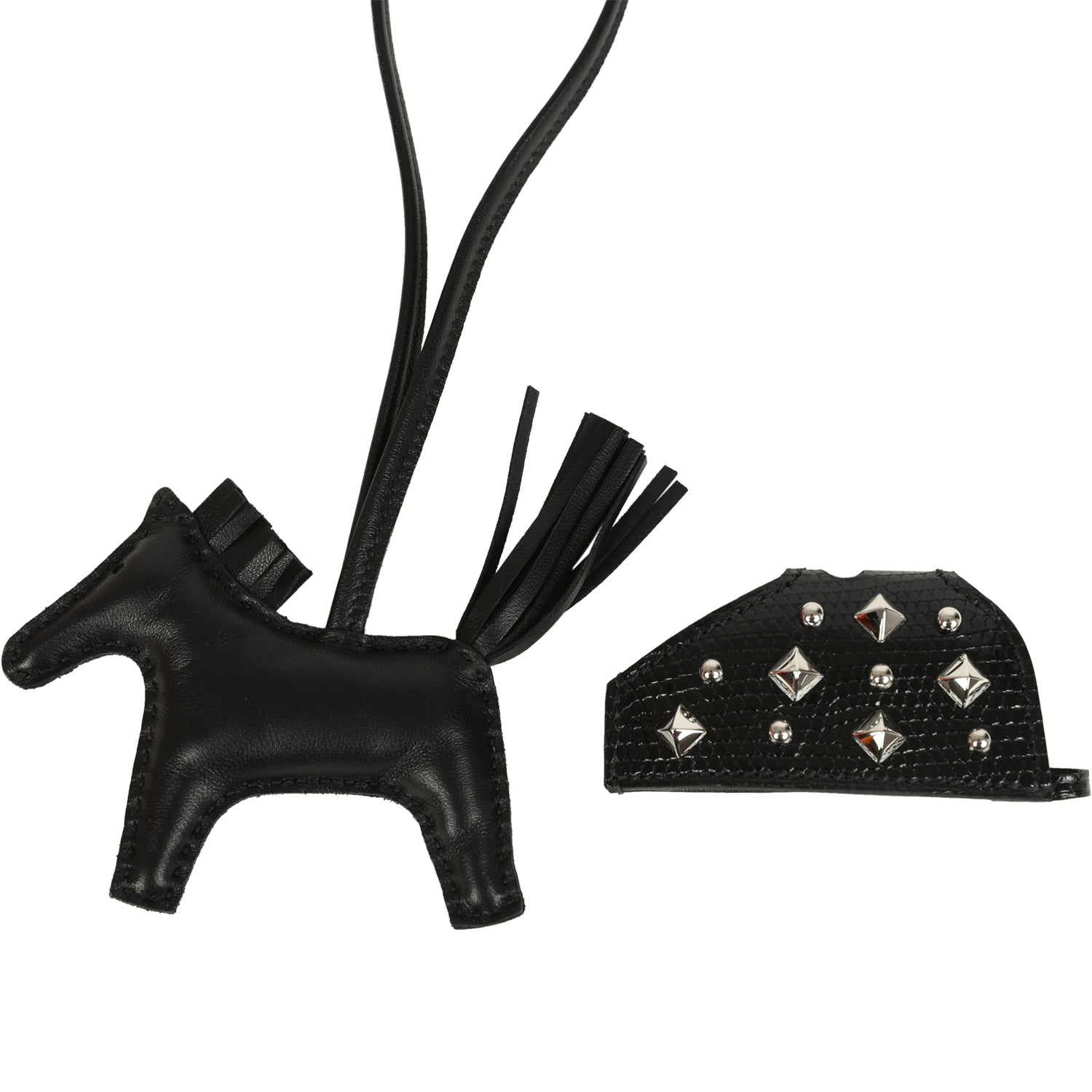 Hermes Rodeo Rock Bag Charm PM Black Shiny Varaus Niloticus Lizard and Milo Lambskin Palladium Hardware