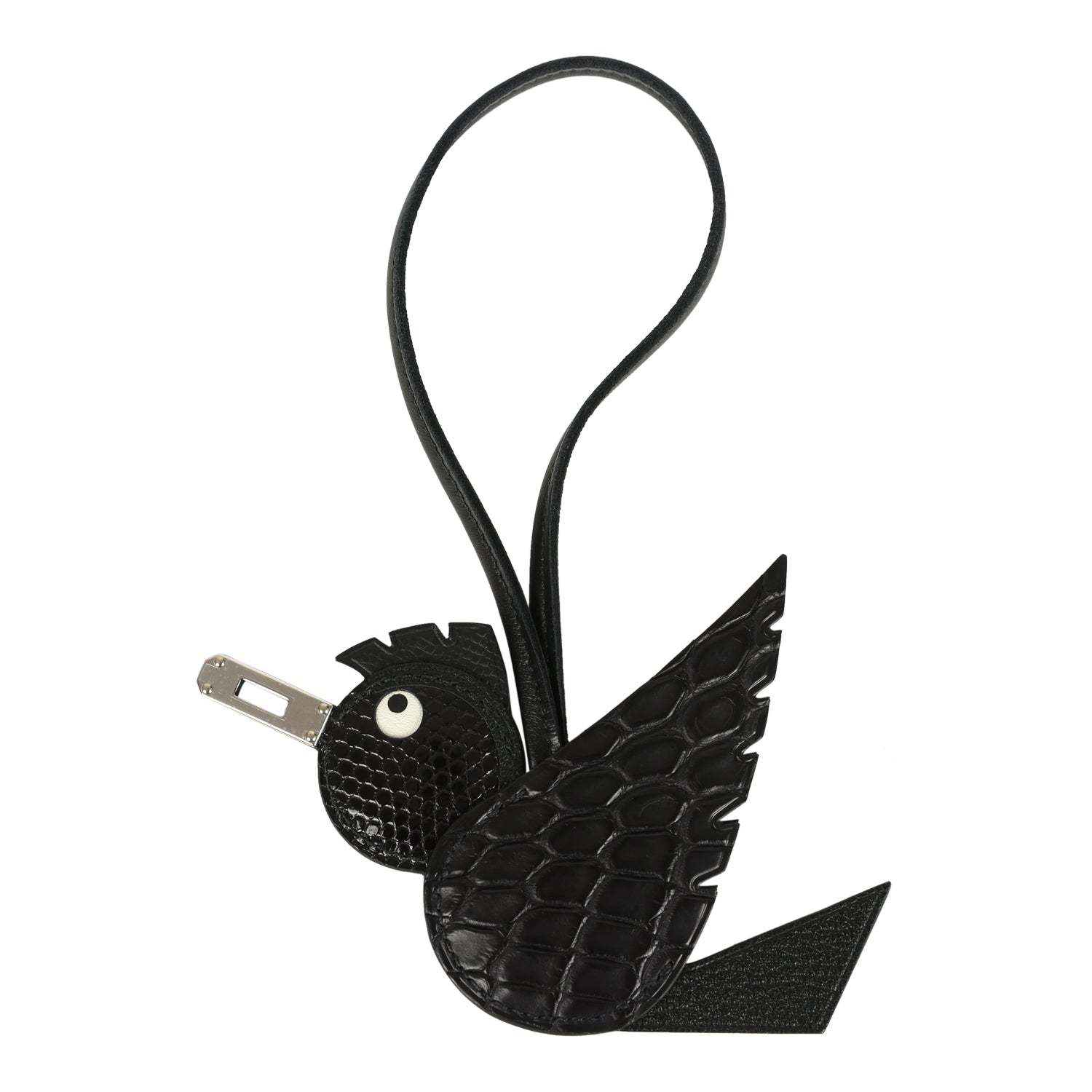 Hermes Birdy Charm Black Matte Alligator and Lizard Niloticus Touch, Chevre Mysore, Epsom & Milo Lambskin Palladium Hardware