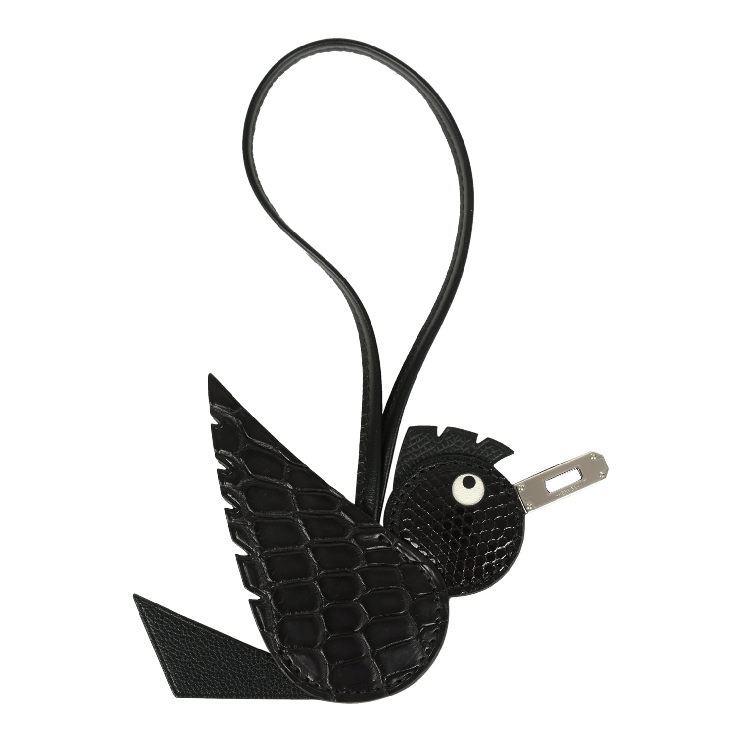 Hermes Birdy Charm Black Matte Alligator and Lizard Niloticus Touch, Chevre Mysore, Epsom & Milo Lambskin Palladium Hardware