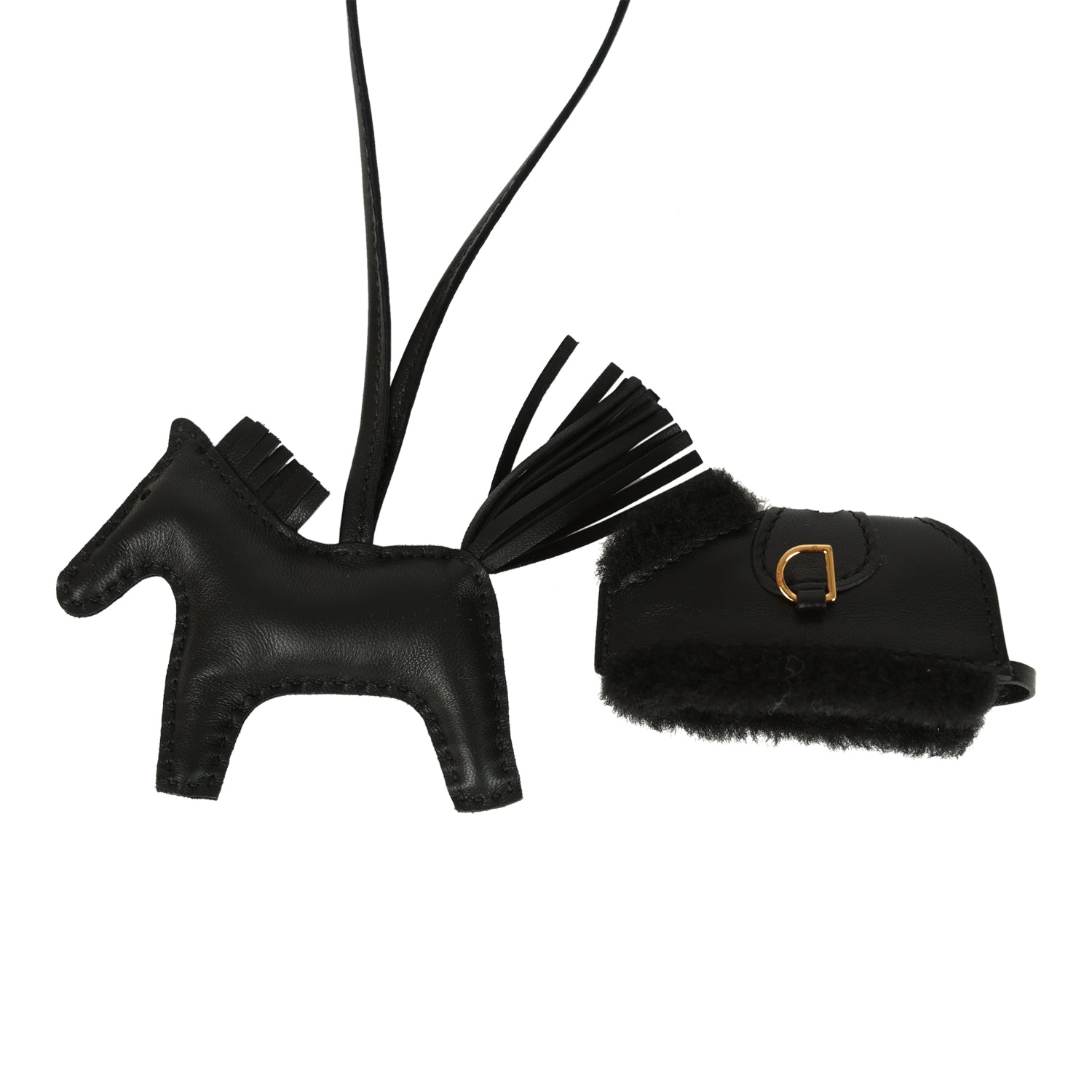 Hermes Rodeo Robeo Plush Charm PM Black Milo Lambskin and Wool Gold Hardware