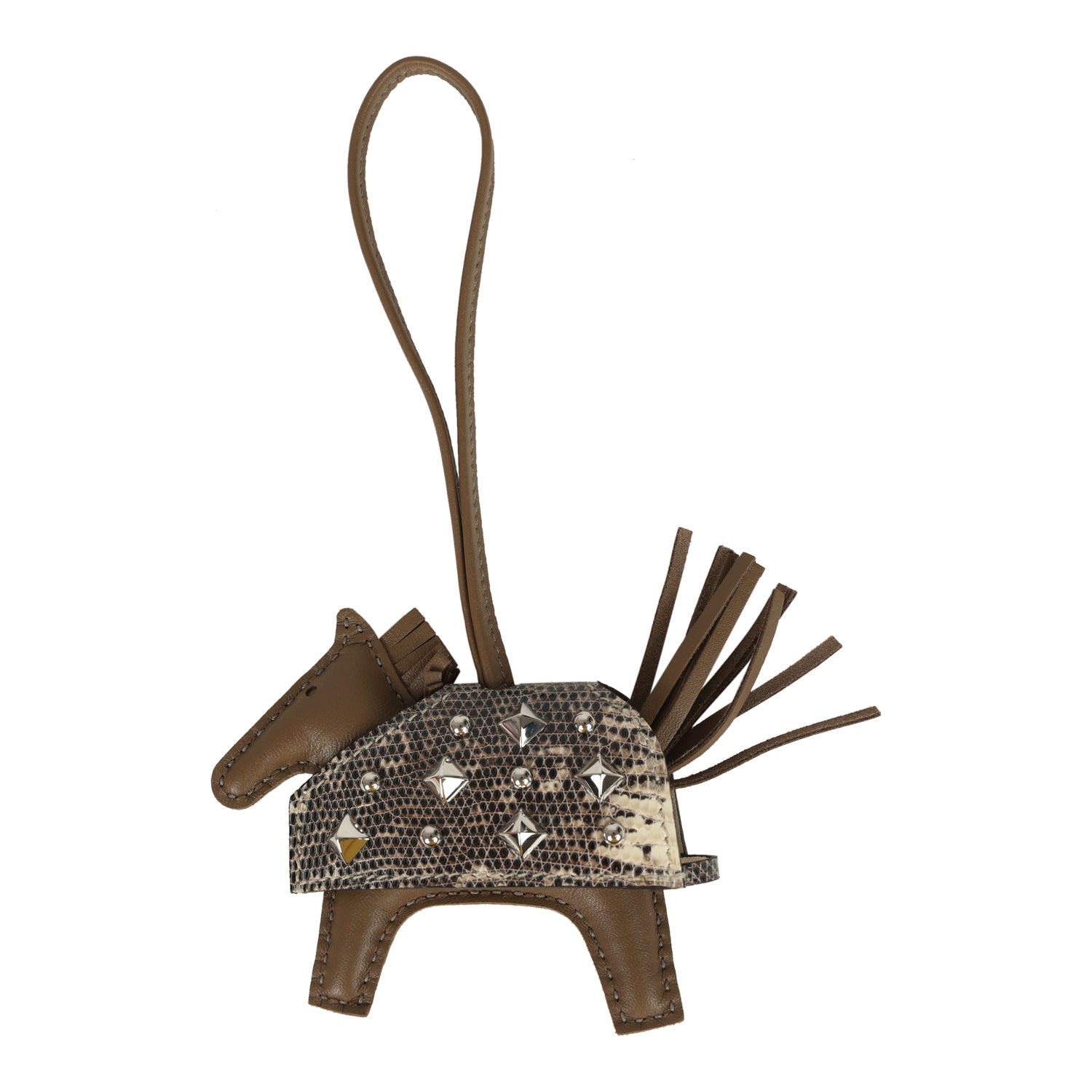 Hermes Rodeo Rock Bag Charm PM Ombre Shiny Varanus Salvator Lizard and Etoupe Milo Lambskin Palladium Hardware