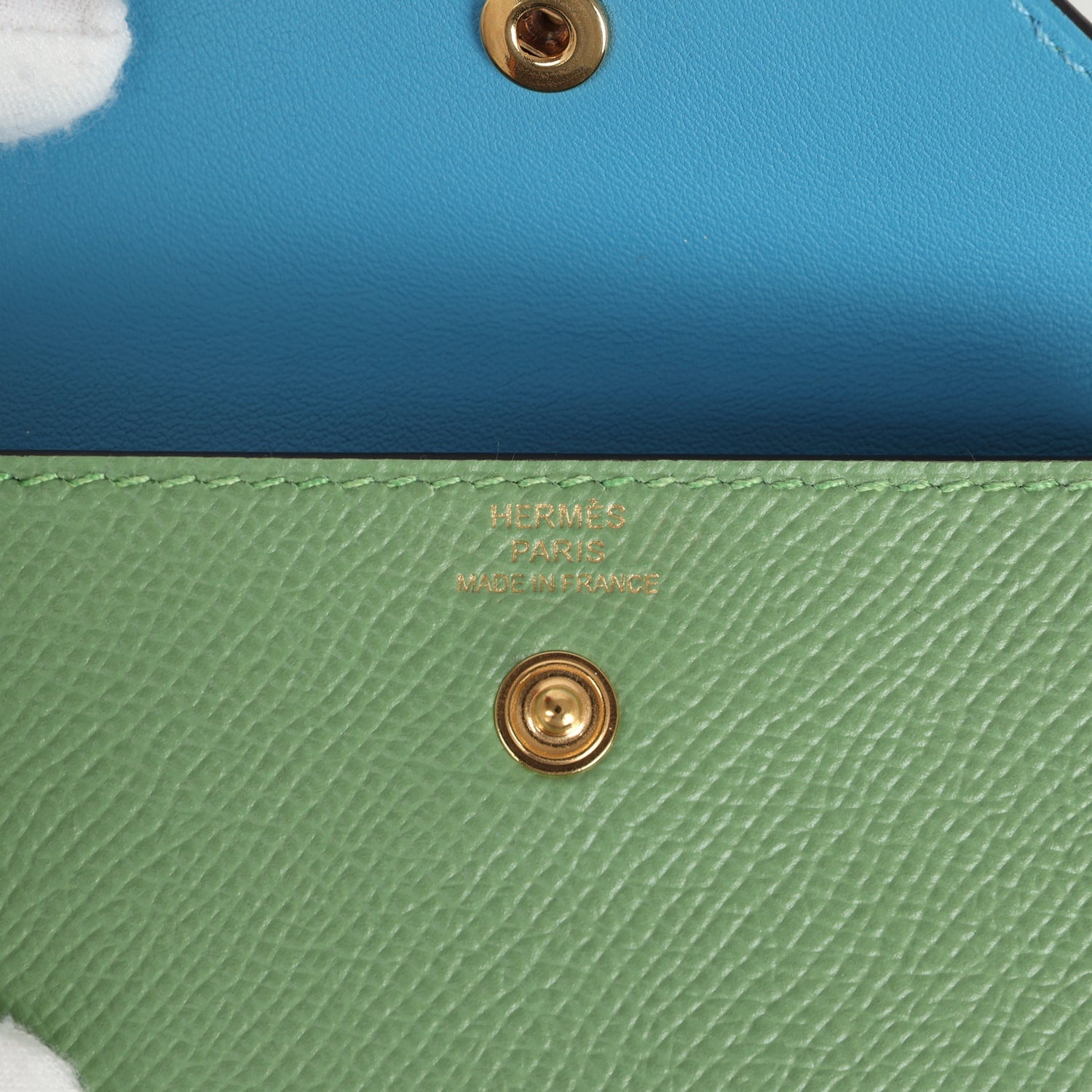 Hermes Kelly Pocket Belt 18 Vert Criquet/Chai/Bleu Frida Epsom Gold Hardware