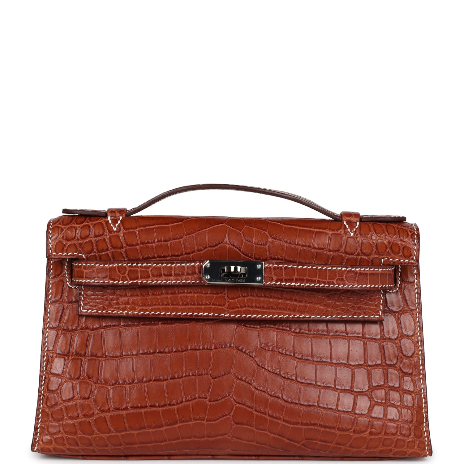 Vintage Hermes Kelly Pochette Fauve Matte Niloticus Crocodile Ruthenium Hardware