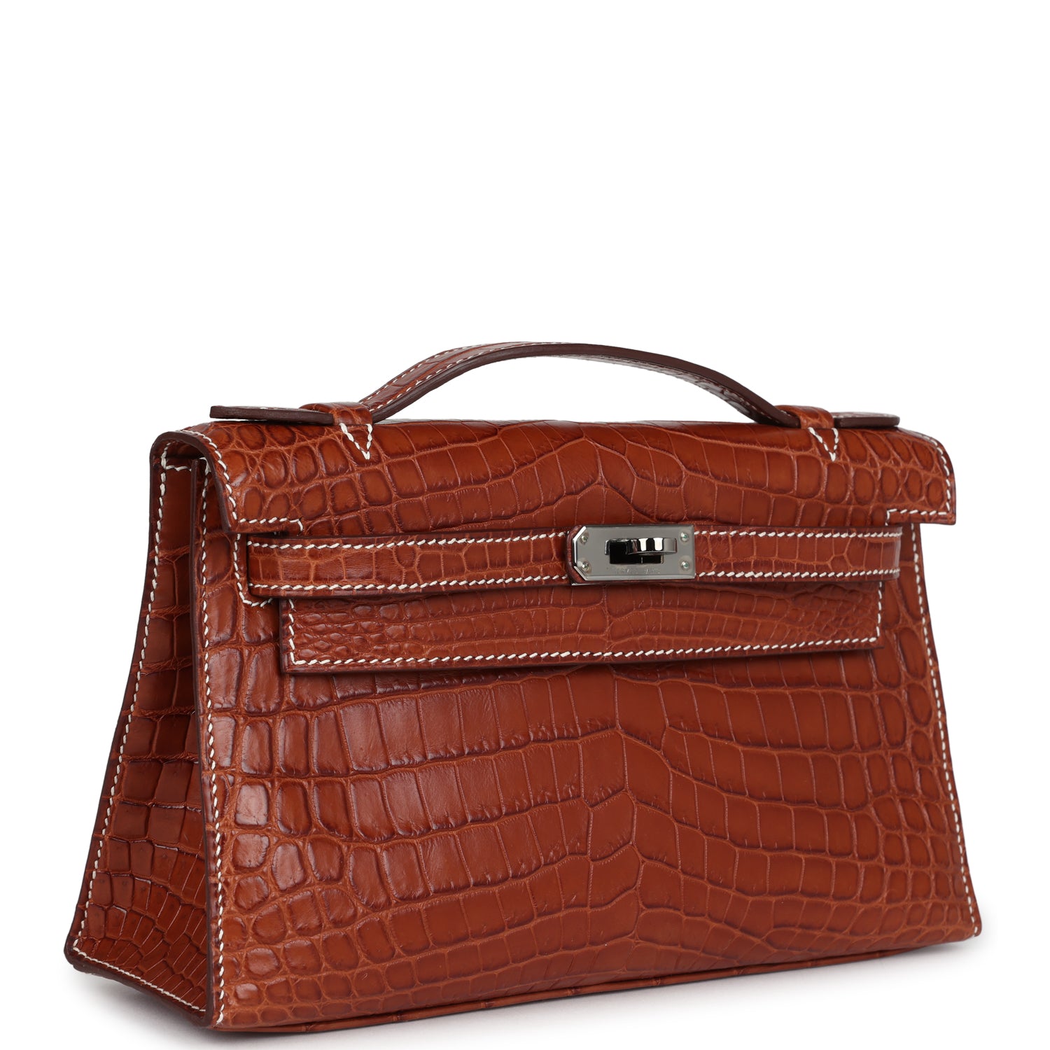 Vintage Hermes Kelly Pochette Fauve Matte Niloticus Crocodile Ruthenium Hardware