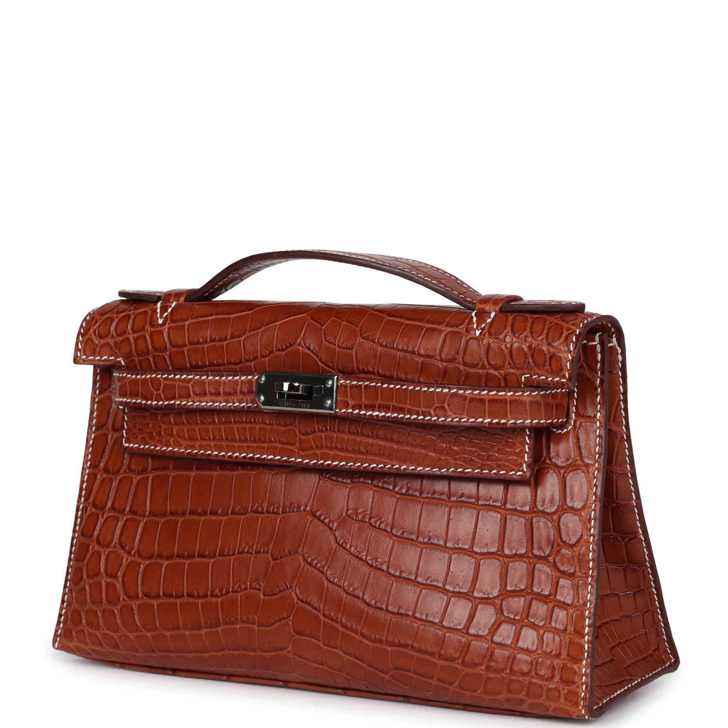 Vintage Hermes Kelly Pochette Fauve Matte Niloticus Crocodile Ruthenium Hardware