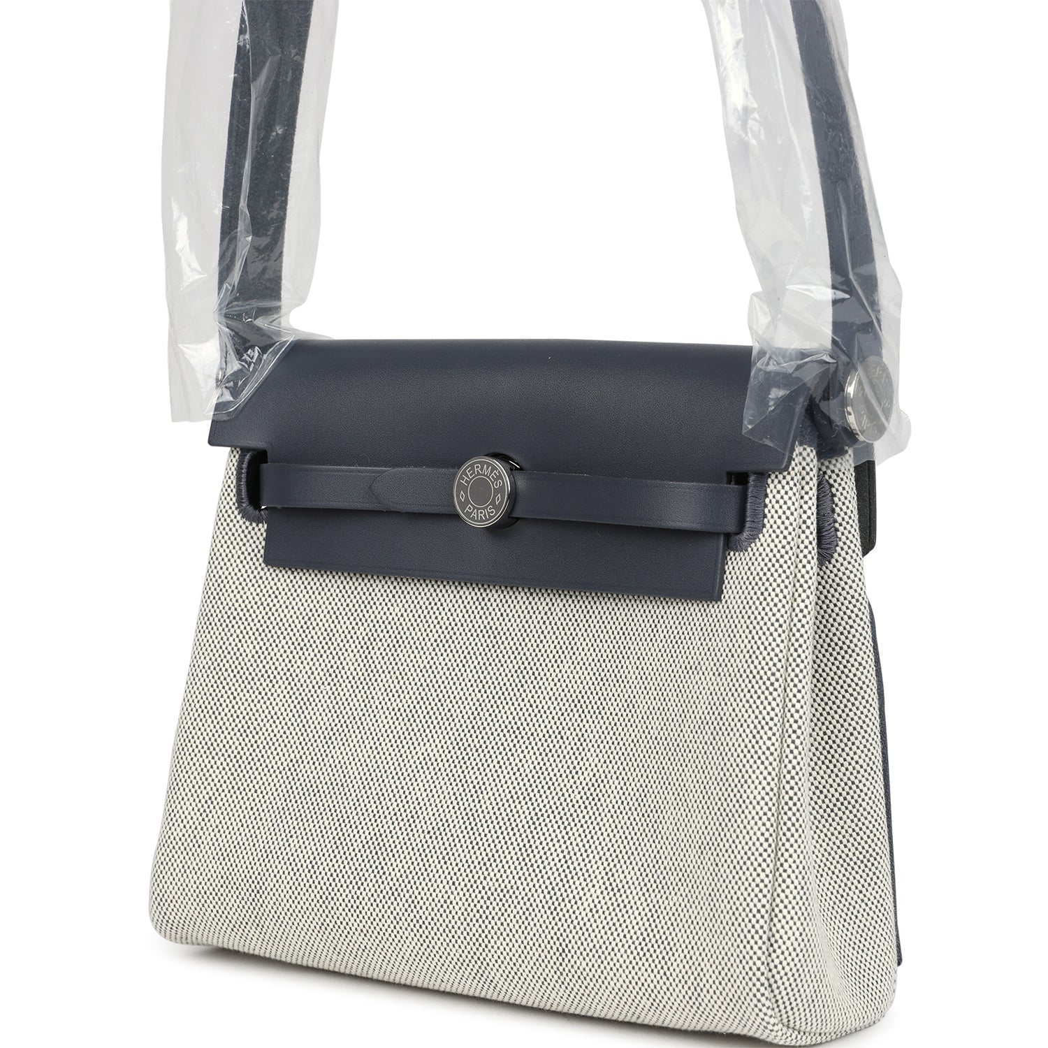 Hermes Herbag Zip 20 Mini Ecru and Ardoise Toile H Canvas and Ardoise Vache Hunter Palladium Hardware