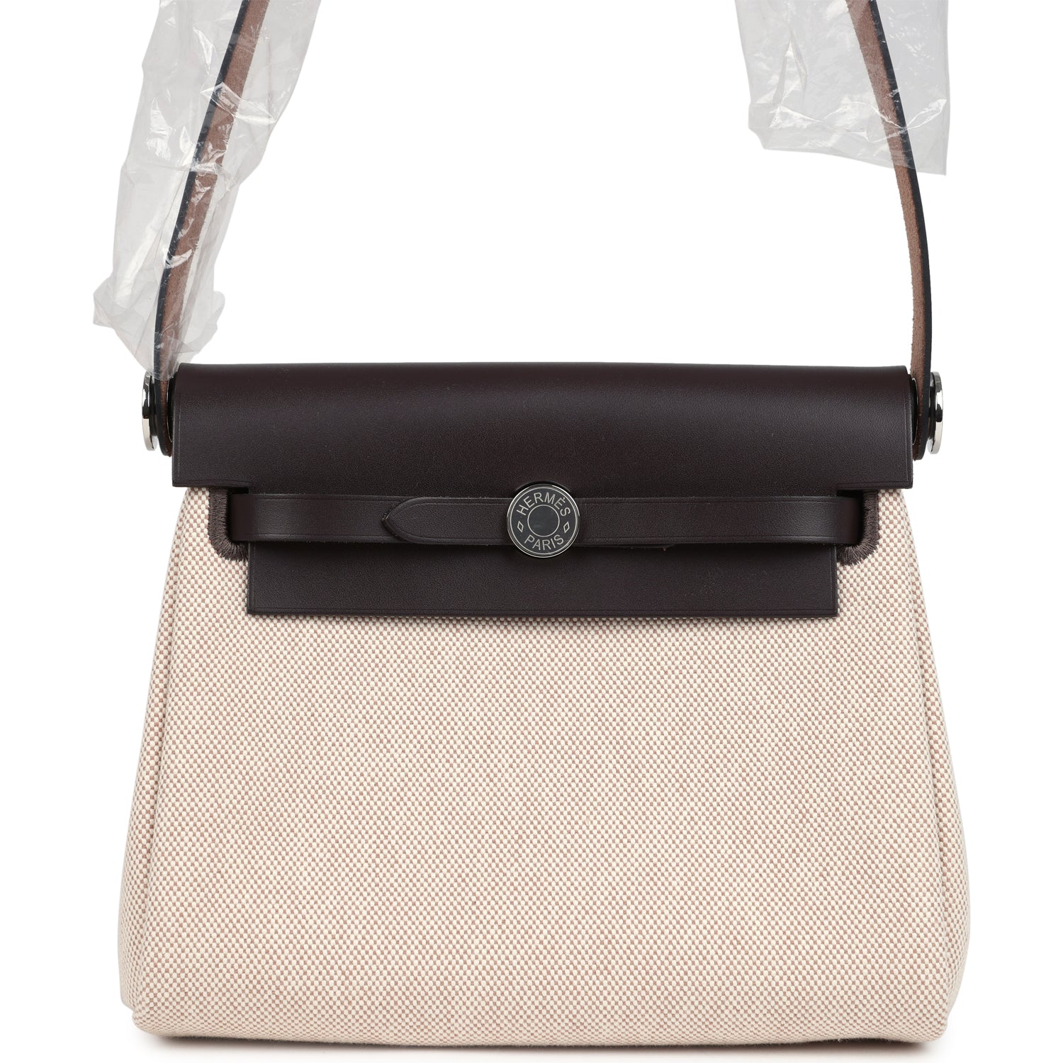 Hermes Herbag Zip 20 Mini Ecru and Beige Toile H Canvas and Ebene Vache Hunter Palladium Hardware