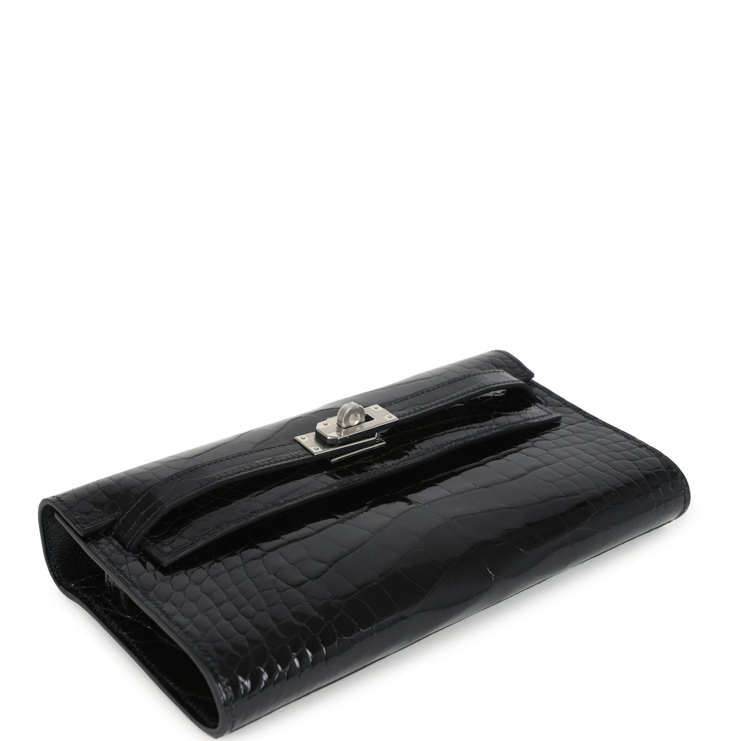 Hermes Kelly Wallet To Go Black Shiny Alligator Palladium Hardware