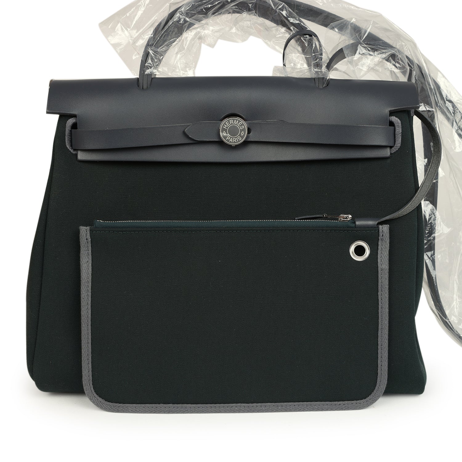 Hermes Herbag Zip PM 31 Vert Cypres Officier Canvas and Ardoise Vache Hunter Palladium Hardware