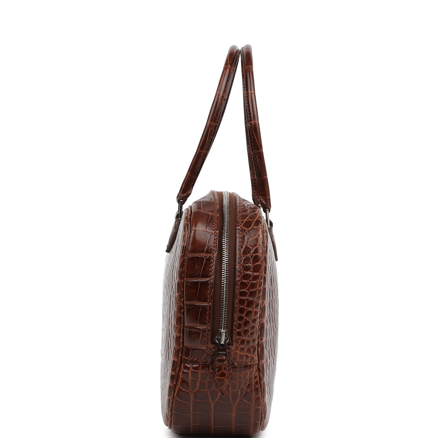 Pre-owned Hermes Plume Elan 28 Miel Shiny Alligator Palladium Hardware