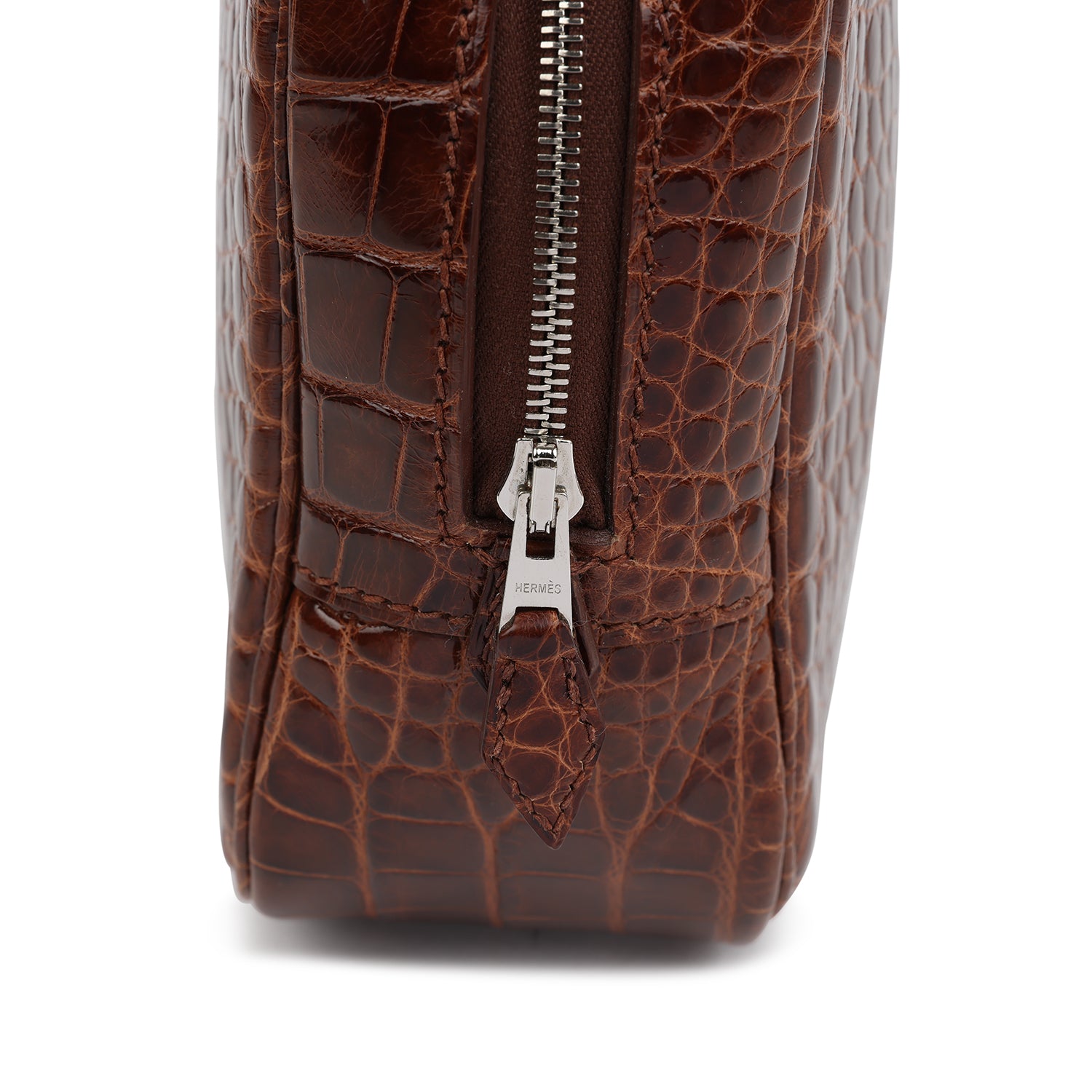 Pre-owned Hermes Plume Elan 28 Miel Shiny Alligator Palladium Hardware