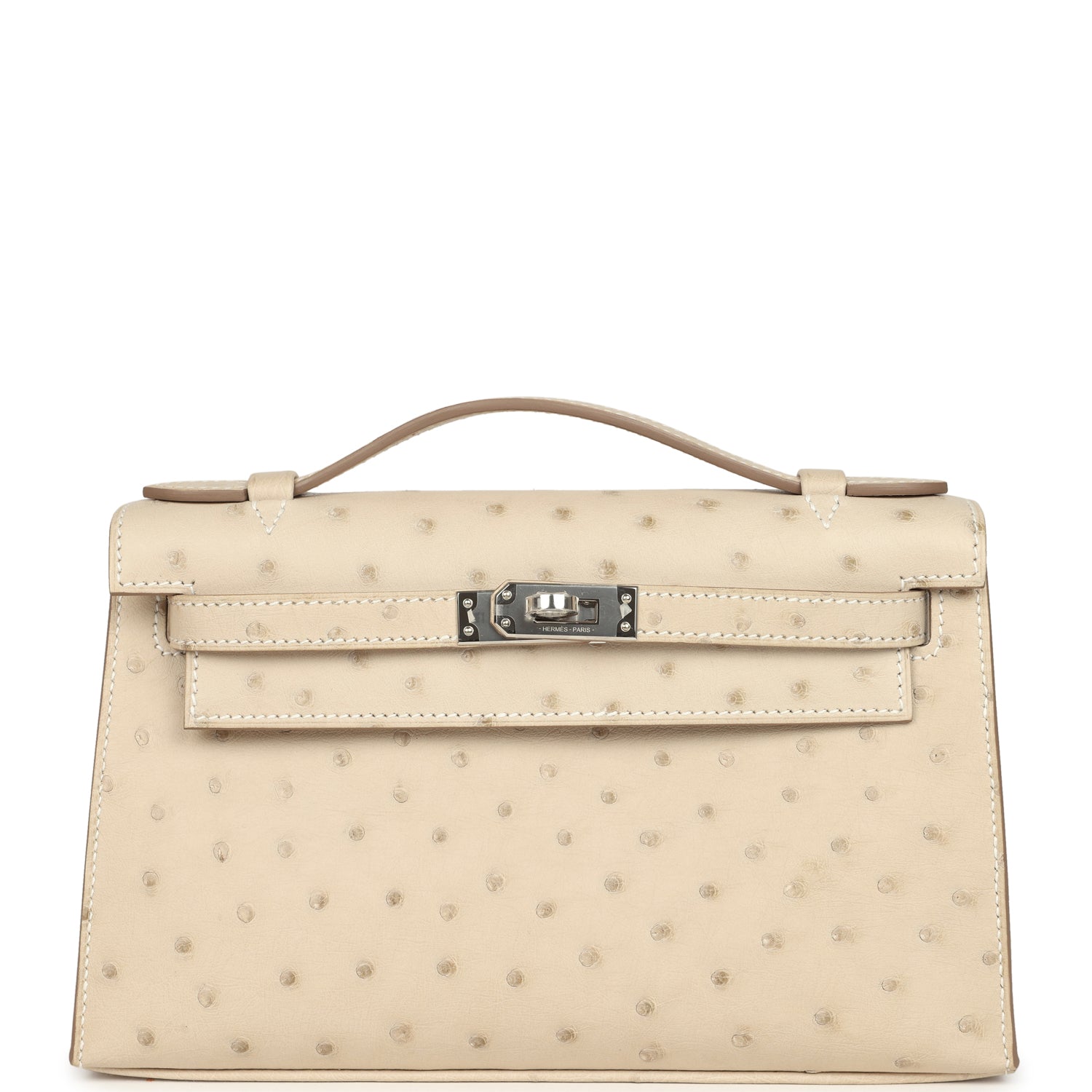 Hermes Kelly Pochette Craie Ostrich Palladium Hardware