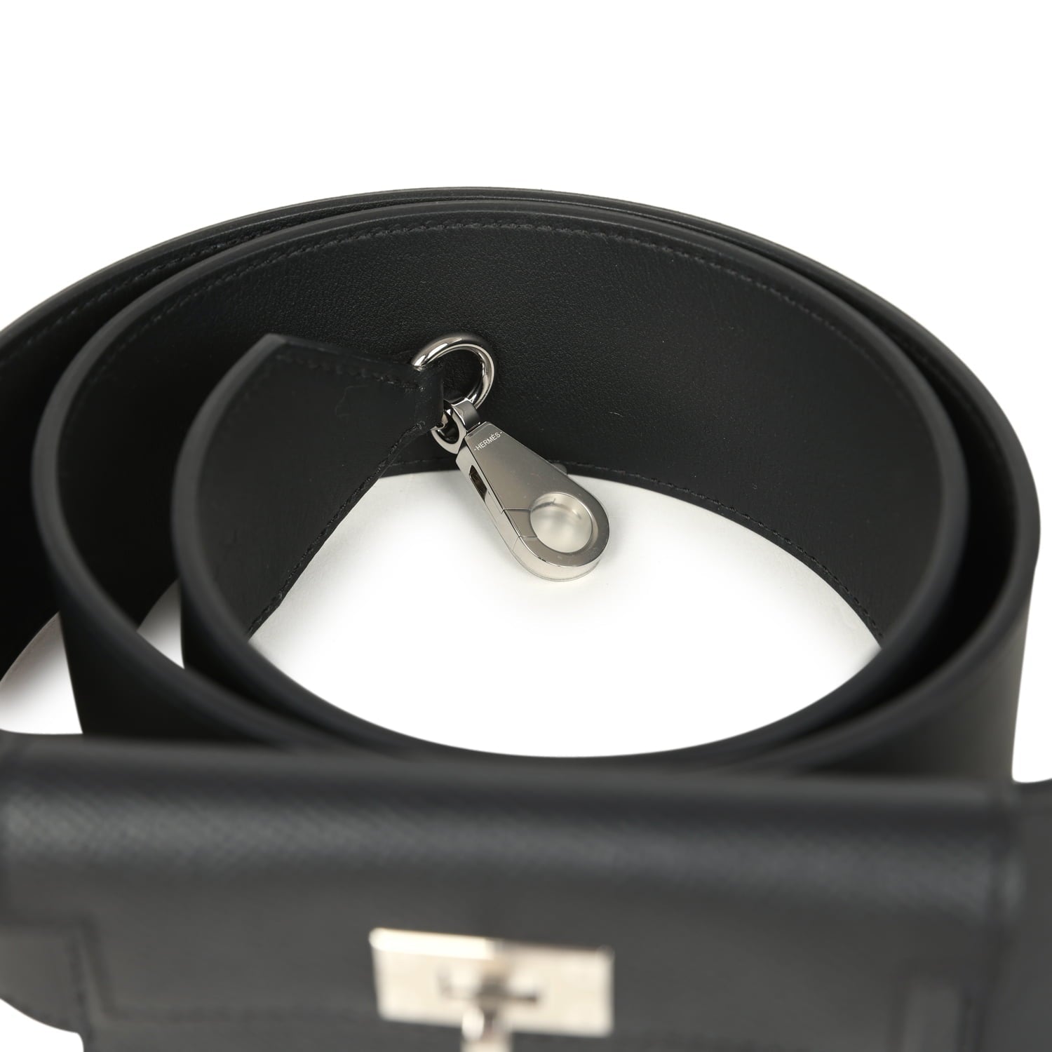 Hermes Kelly Pocket Bag Strap 105CM Black Swift and Epsom Palladium Hardware