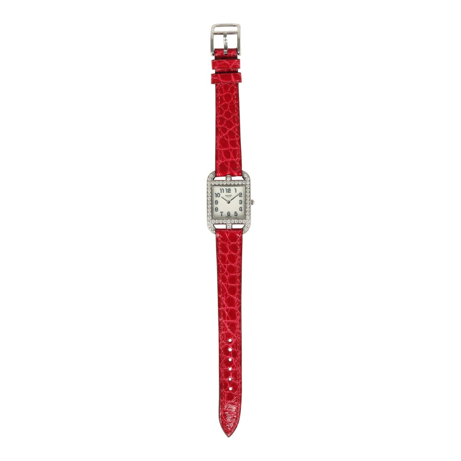 Pre-owned Hermes Cape Cod Watch Large Braise Shiny Alligator Steel Hardware & Diamonds