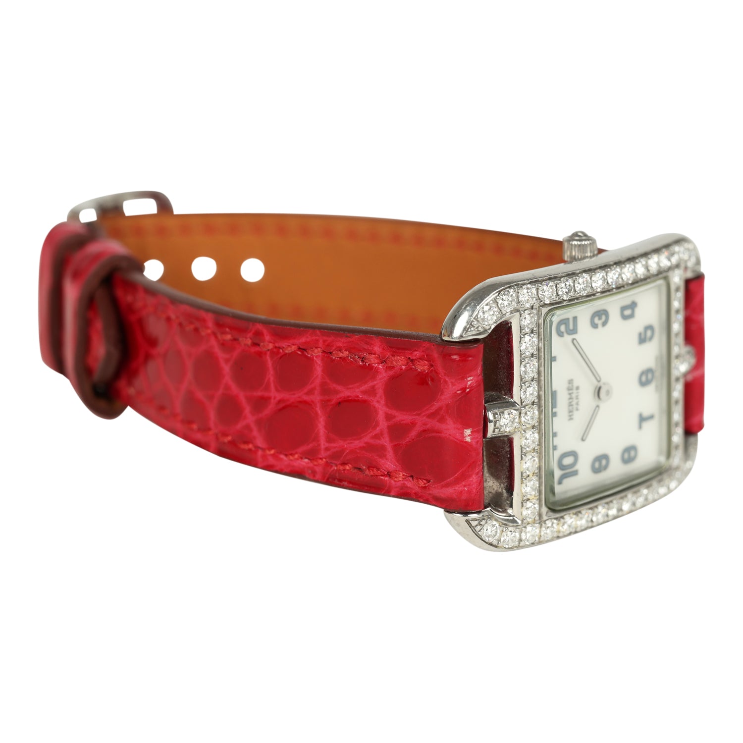 Pre-owned Hermes Cape Cod Watch Large Braise Shiny Alligator Steel Hardware & Diamonds
