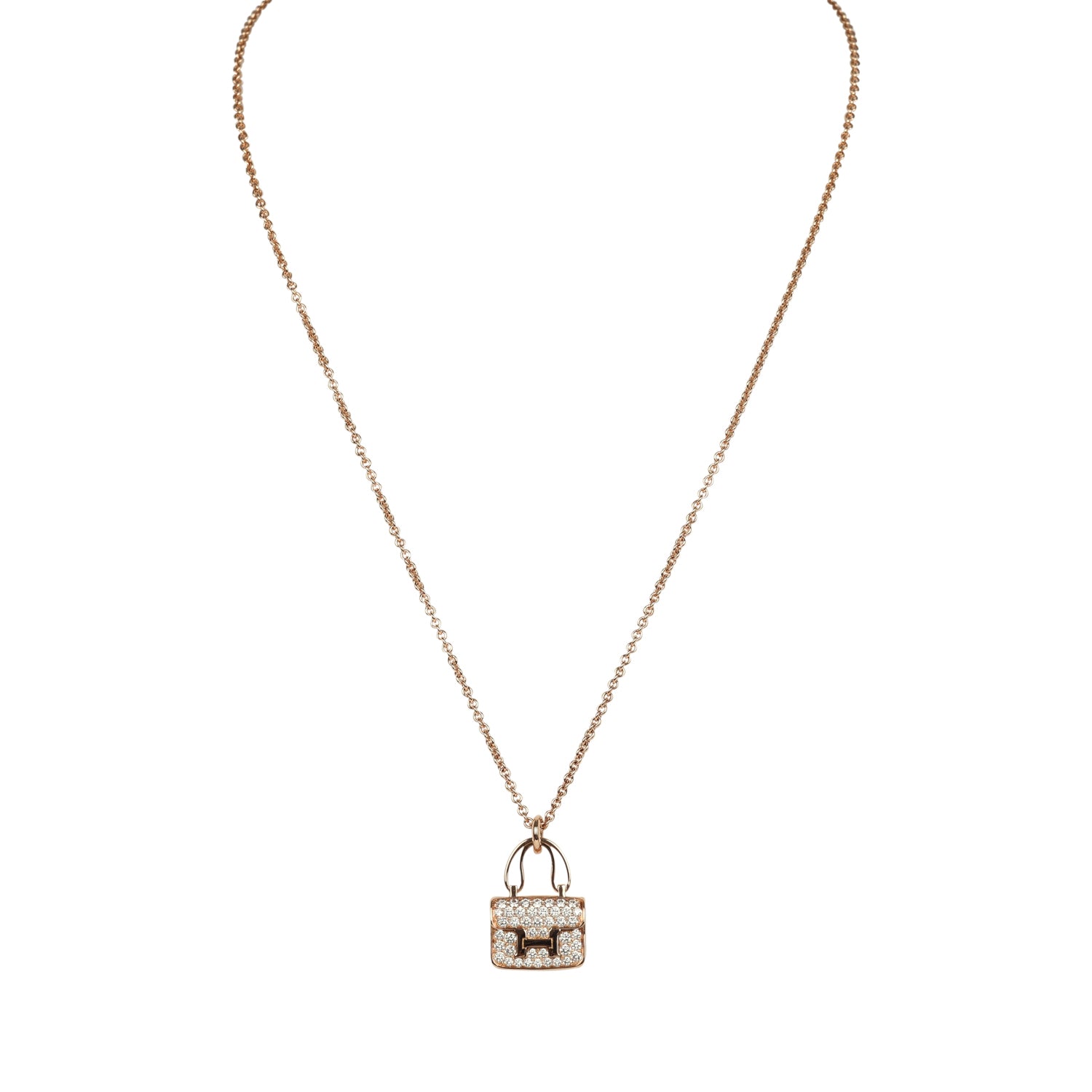 Hermes Amulettes Constance Pendant Necklace Diamonds 18K Rose Gold Hardware