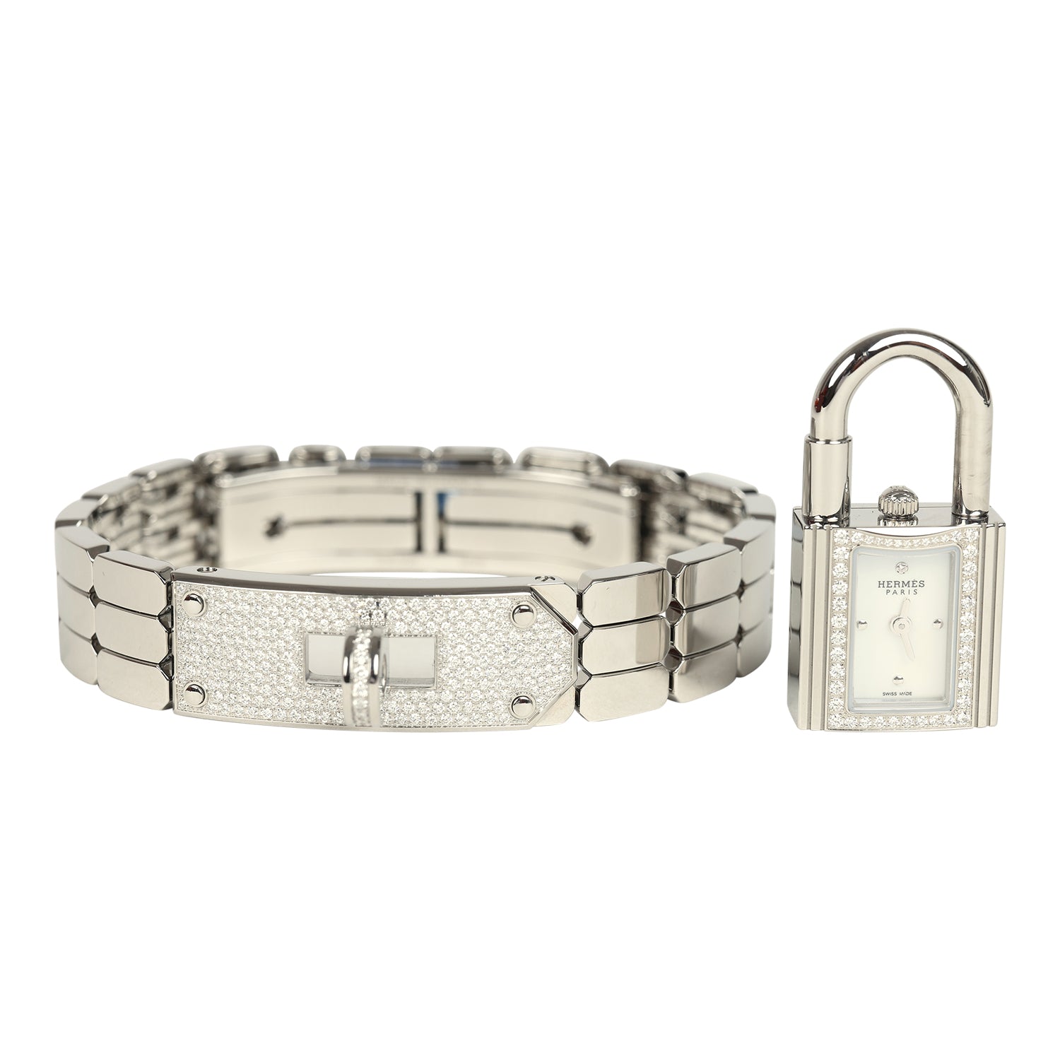 Hermes Kelly Watch Mini Model 16mm White Mother of Pearl, Stainless Steel Hardware and White Diamonds