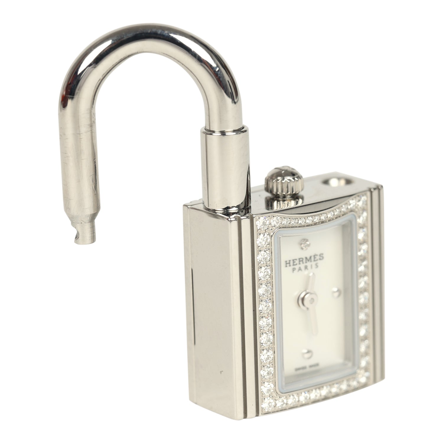 Hermes Kelly Watch Mini Model 16mm White Mother of Pearl, Stainless Steel Hardware and White Diamonds