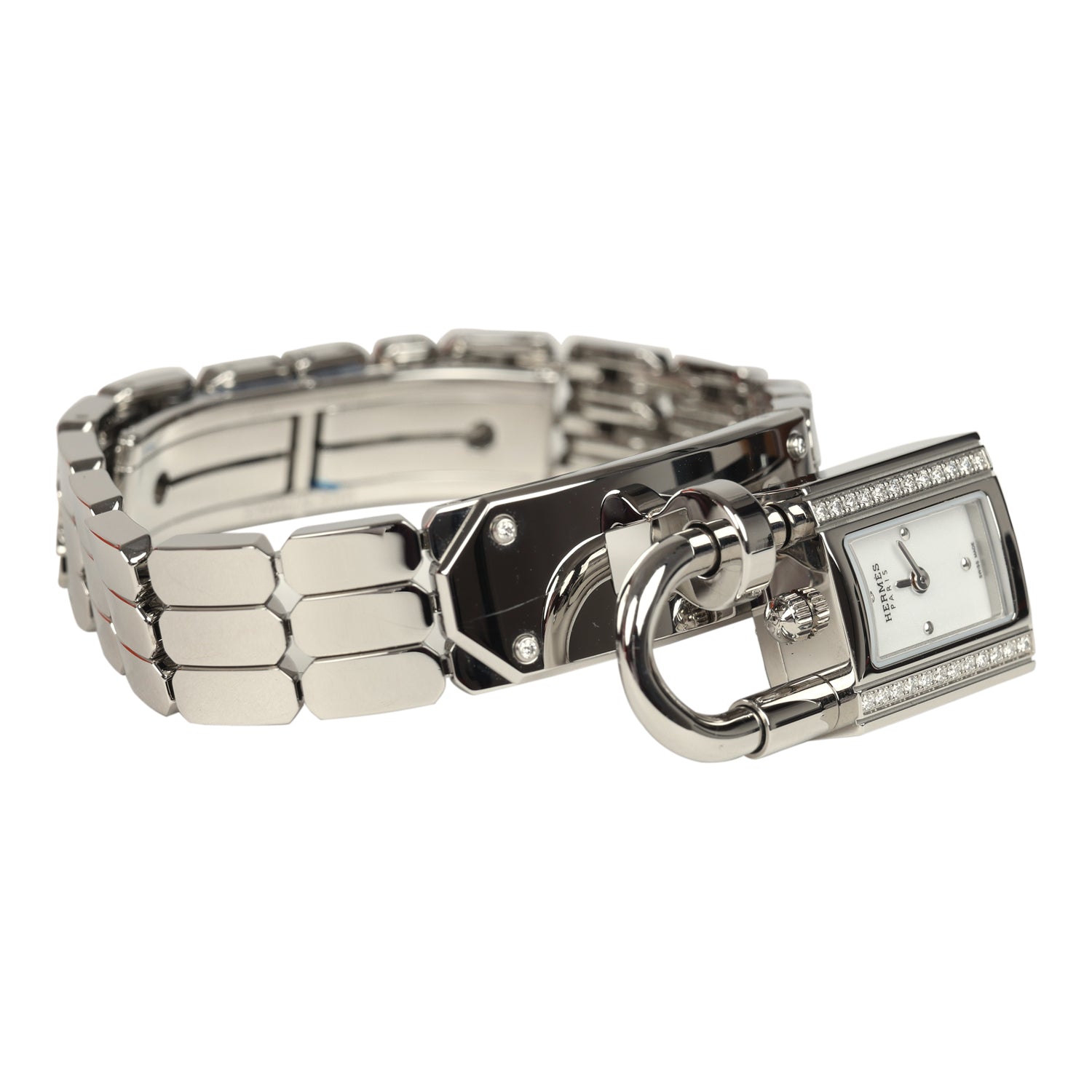 Hermes Kelly Watch Mini Model 16mm Stainless Steel Hardware & White Diamonds