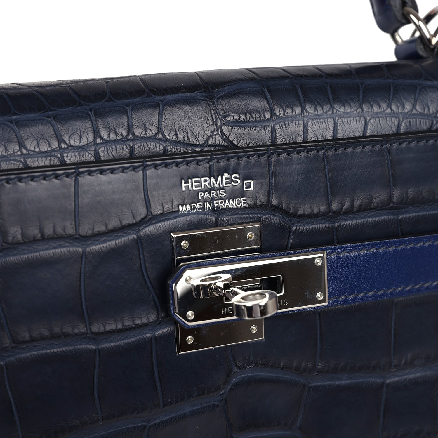Pre-owned Hermes Kelly Retourne 35 Bleu Indigo Matte Alligator and Bleu Saphir Swift and Clemence Palladium Hardware