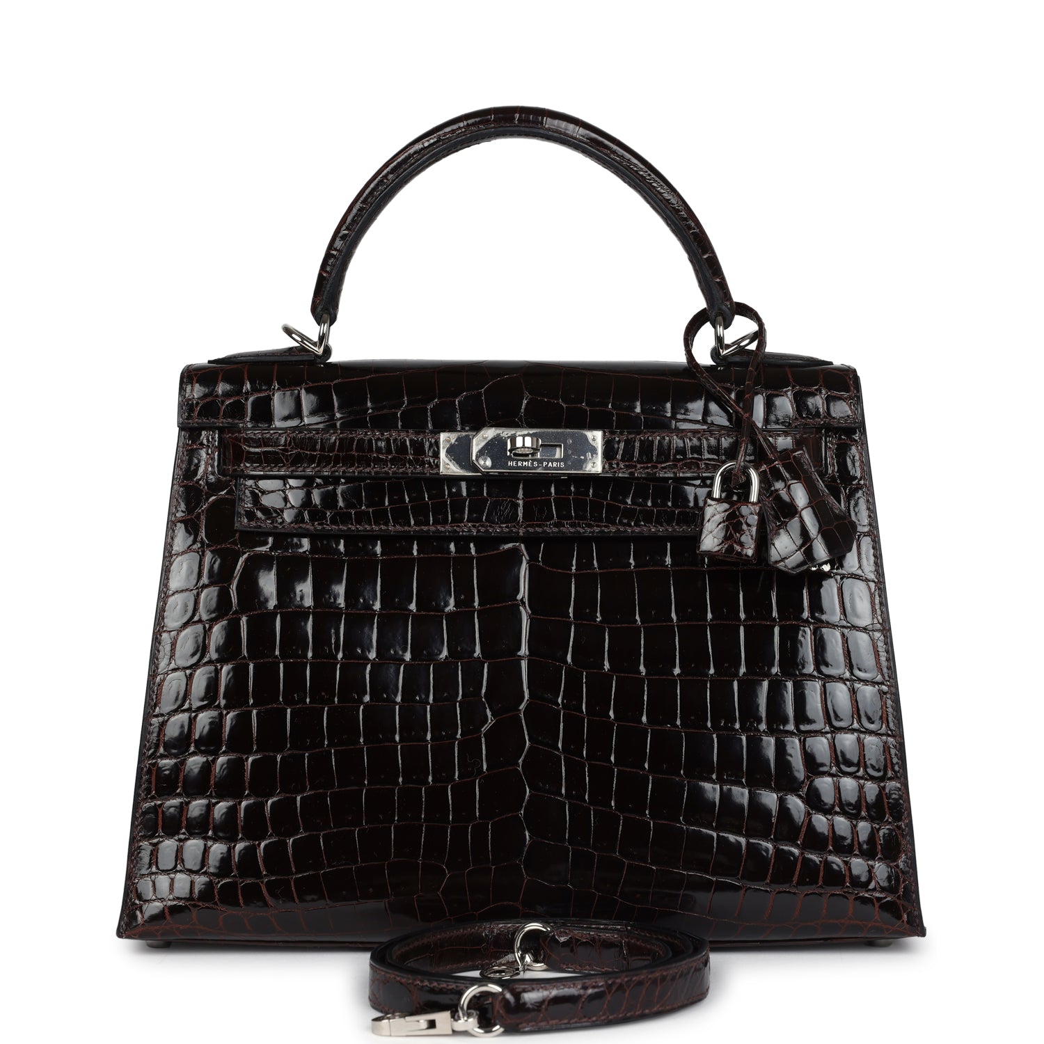 Vintage Hermes Kelly Sellier 28 Cocoan Shiny Niloticus Crocodile Palladium Hardware