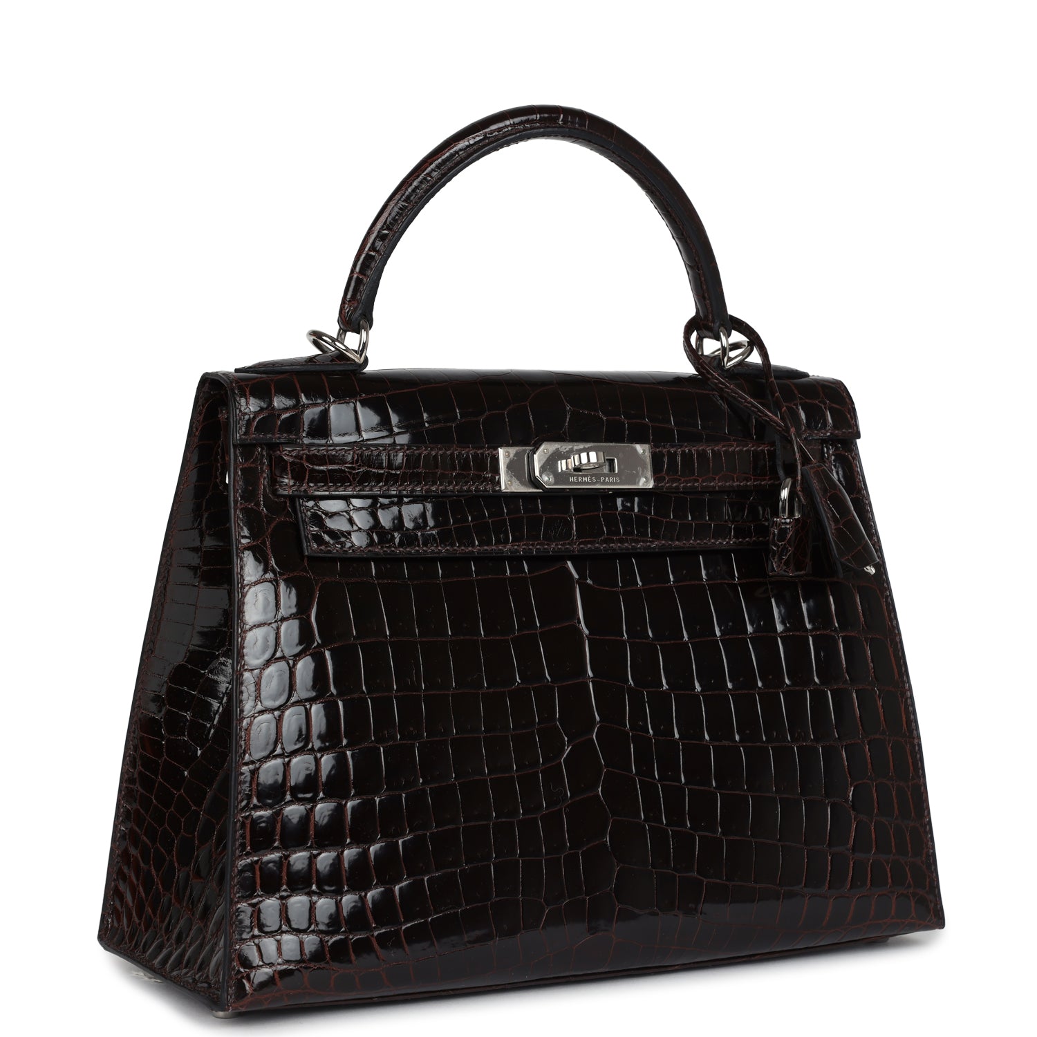 Vintage Hermes Kelly Sellier 28 Cocoan Shiny Niloticus Crocodile Palladium Hardware