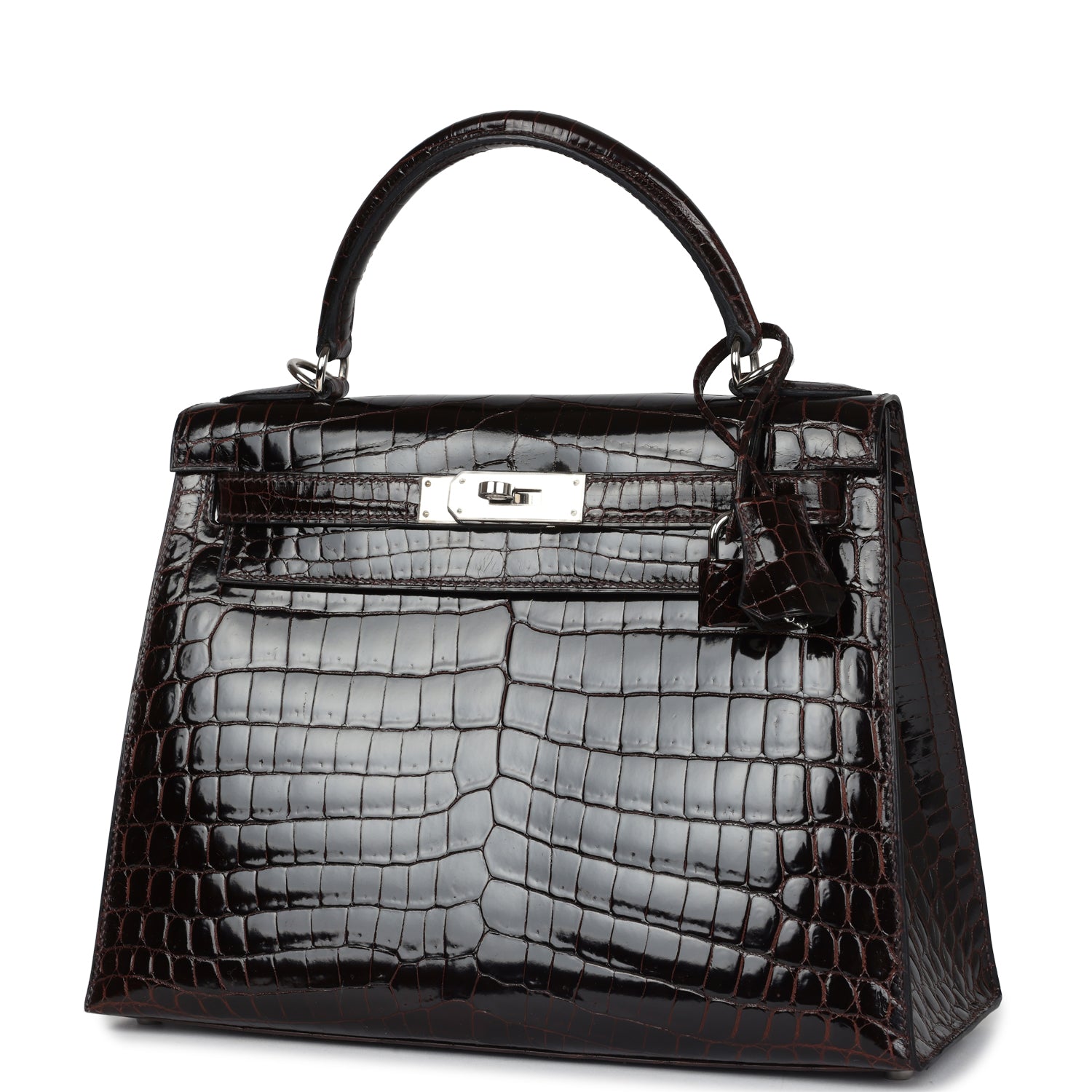 Vintage Hermes Kelly Sellier 28 Cocoan Shiny Niloticus Crocodile Palladium Hardware